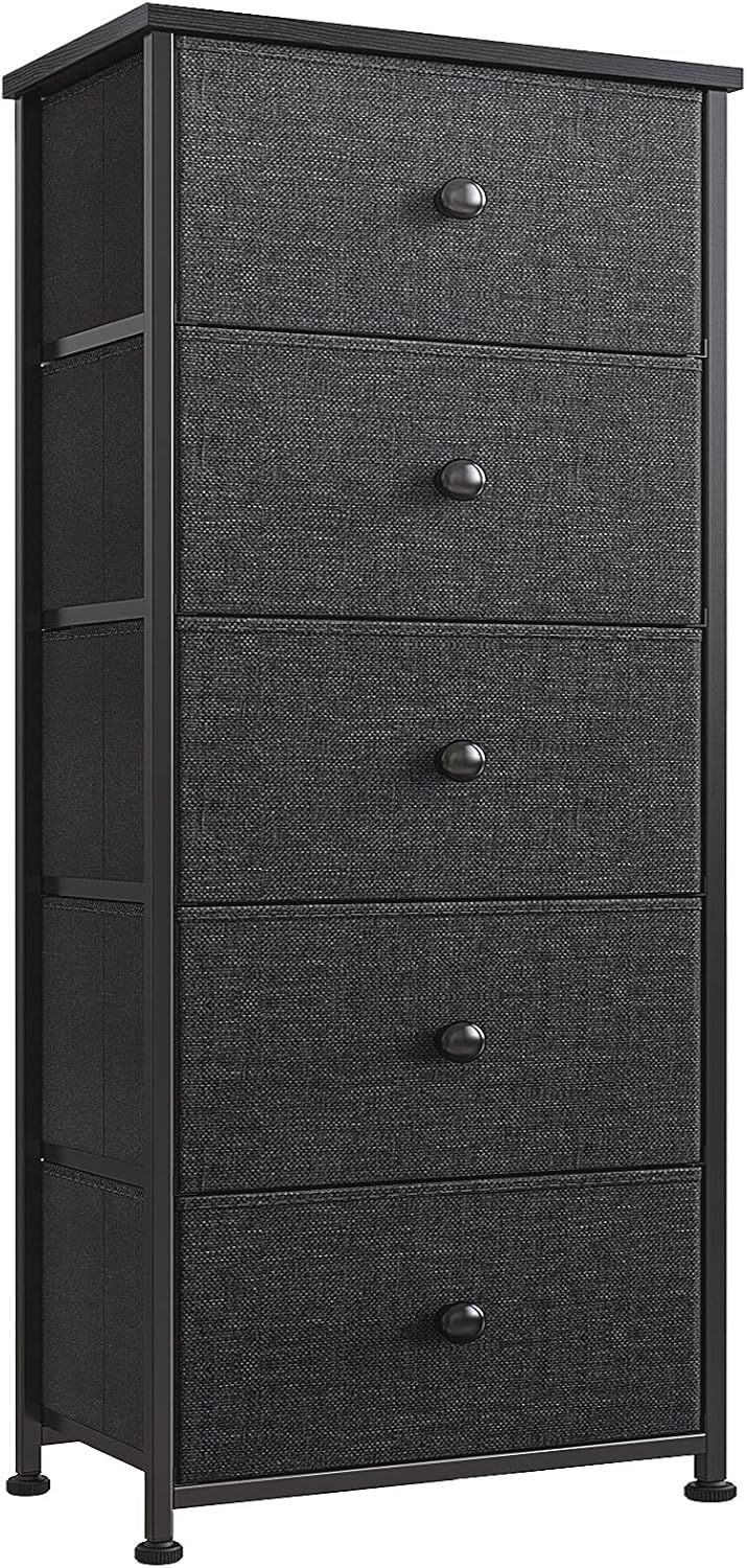 Black Vertical 5-Drawer Fabric and Steel Dresser