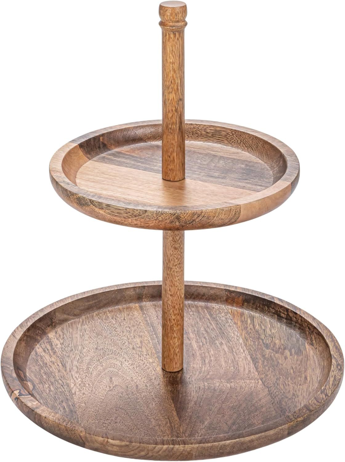 Natural Mango Wood 2-Tier Round Tray with Metal Handle