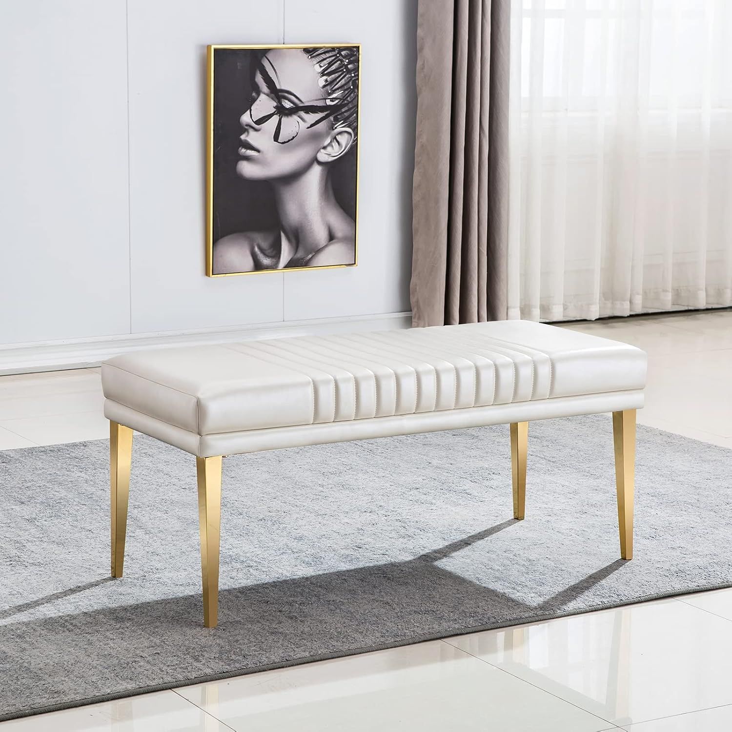 White PU Leather Upholstered Bench with Gold Stainless Steel Legs