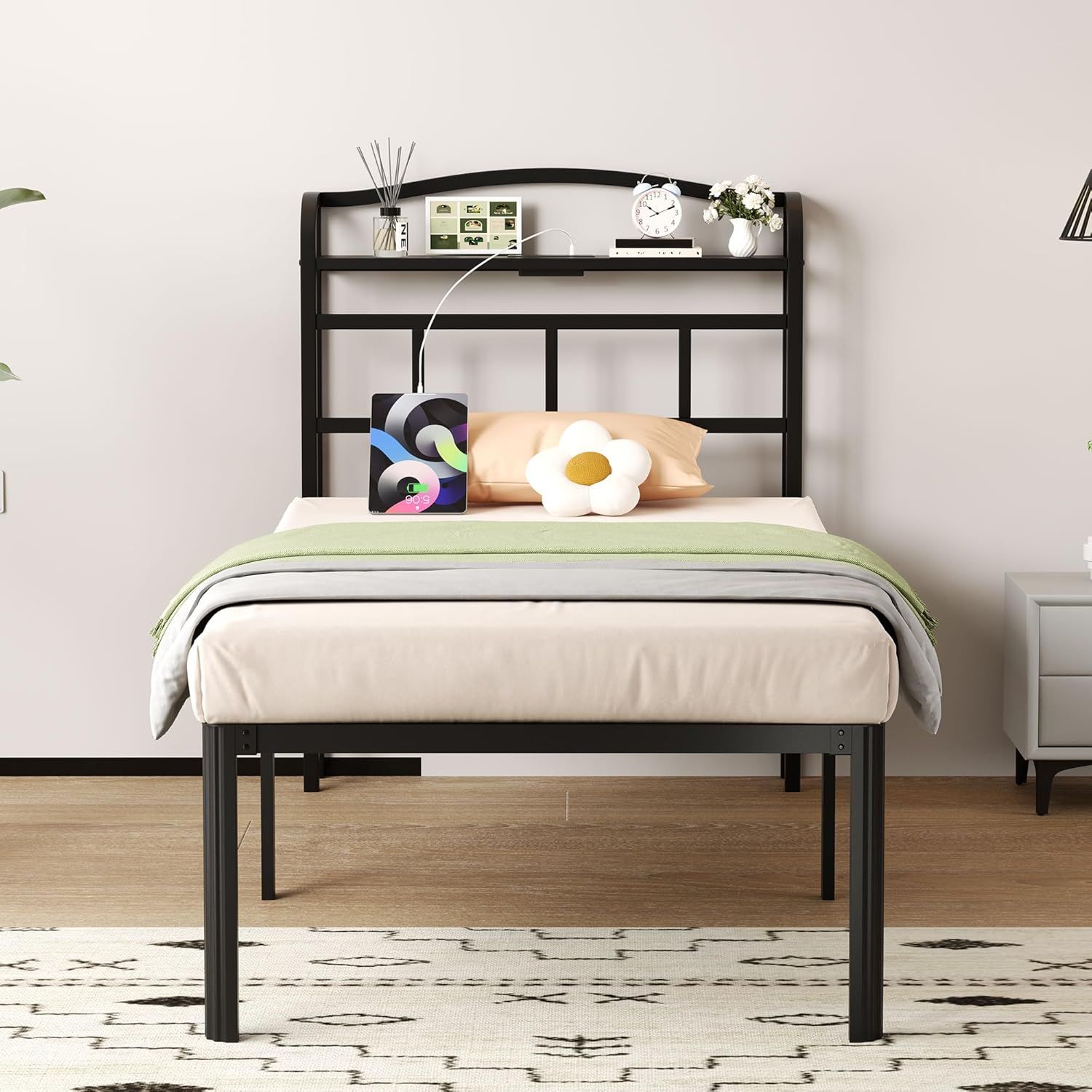 Twin Black Metal Bed Frame with Charging Station and Storage