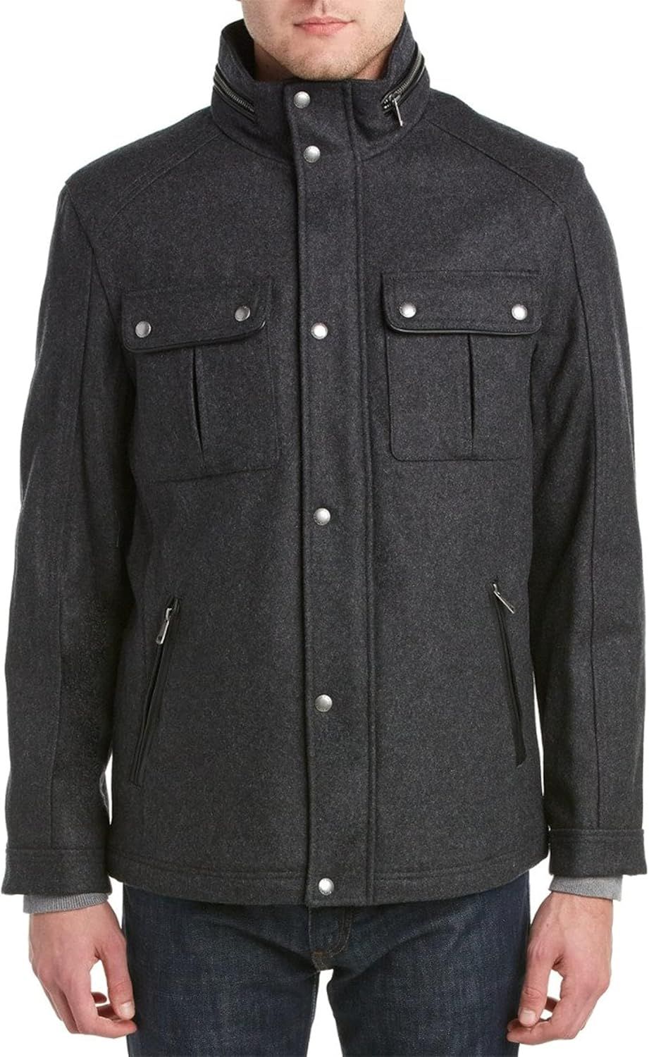 Charcoal Small Melton Wool-Blend Coat with Concealed Hood