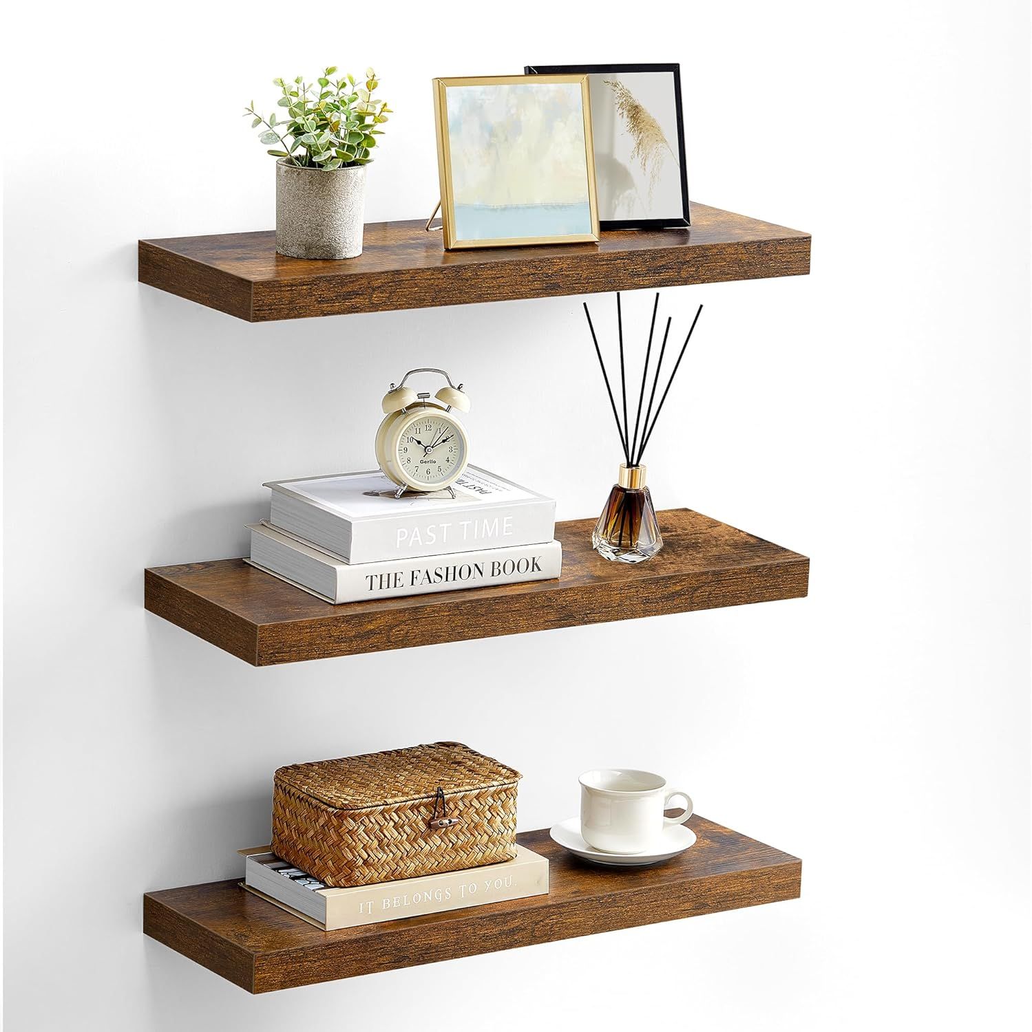 Rustic Brown 3-Tier Wood and Steel Wall Shelves