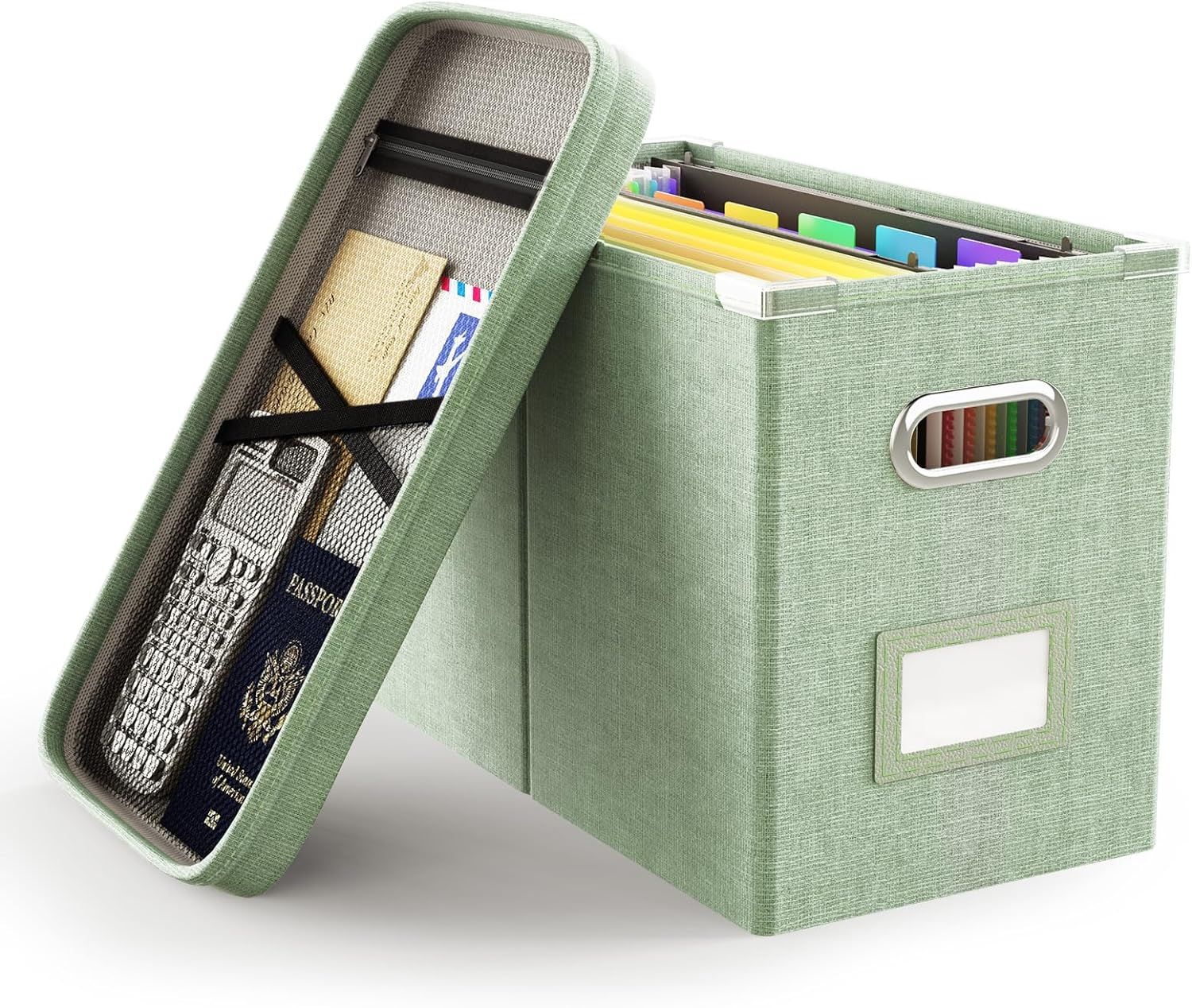 Green Linen Portable File Organizer Box with Mesh Pocket