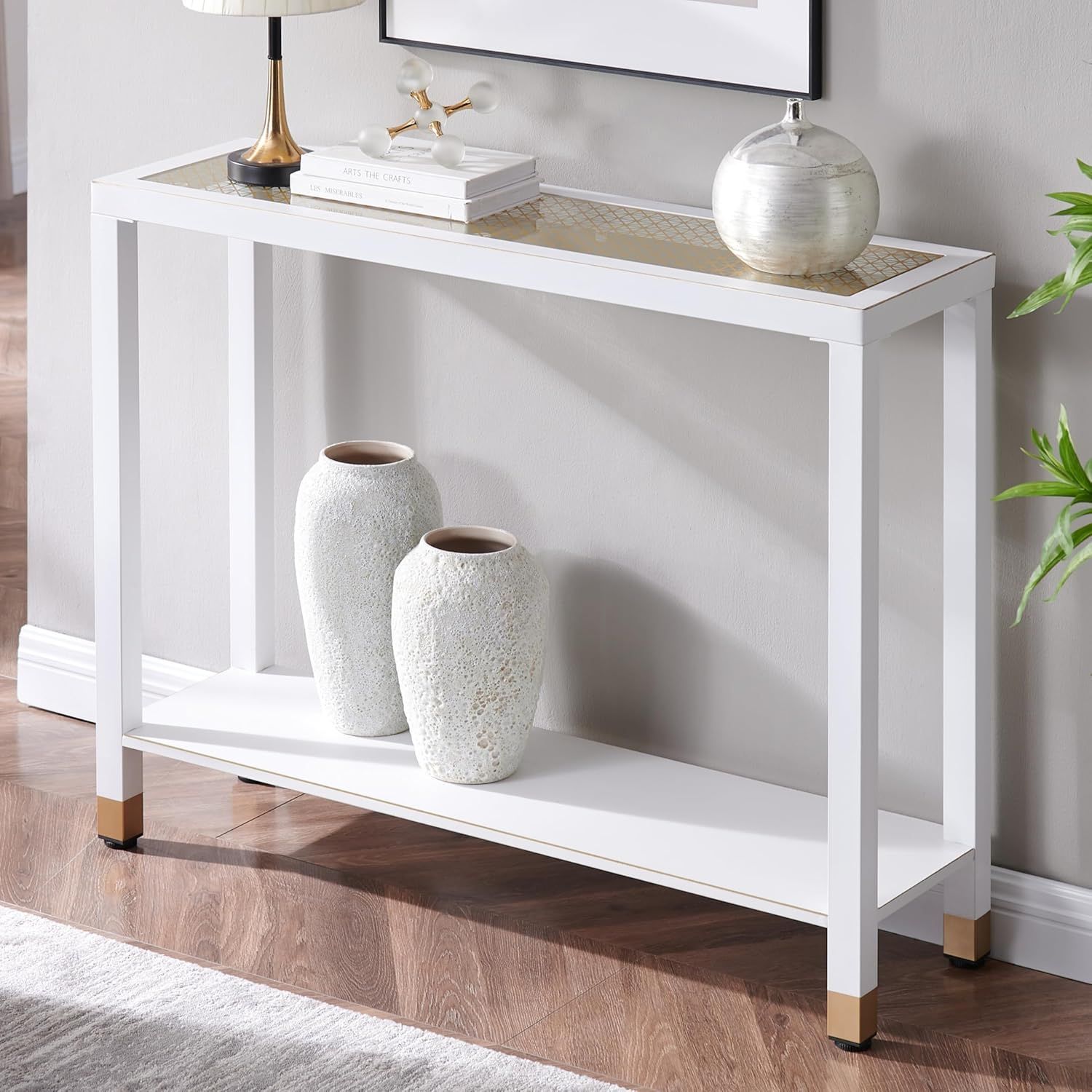 White and Gold 2-Layer Glass Console Table with Storage