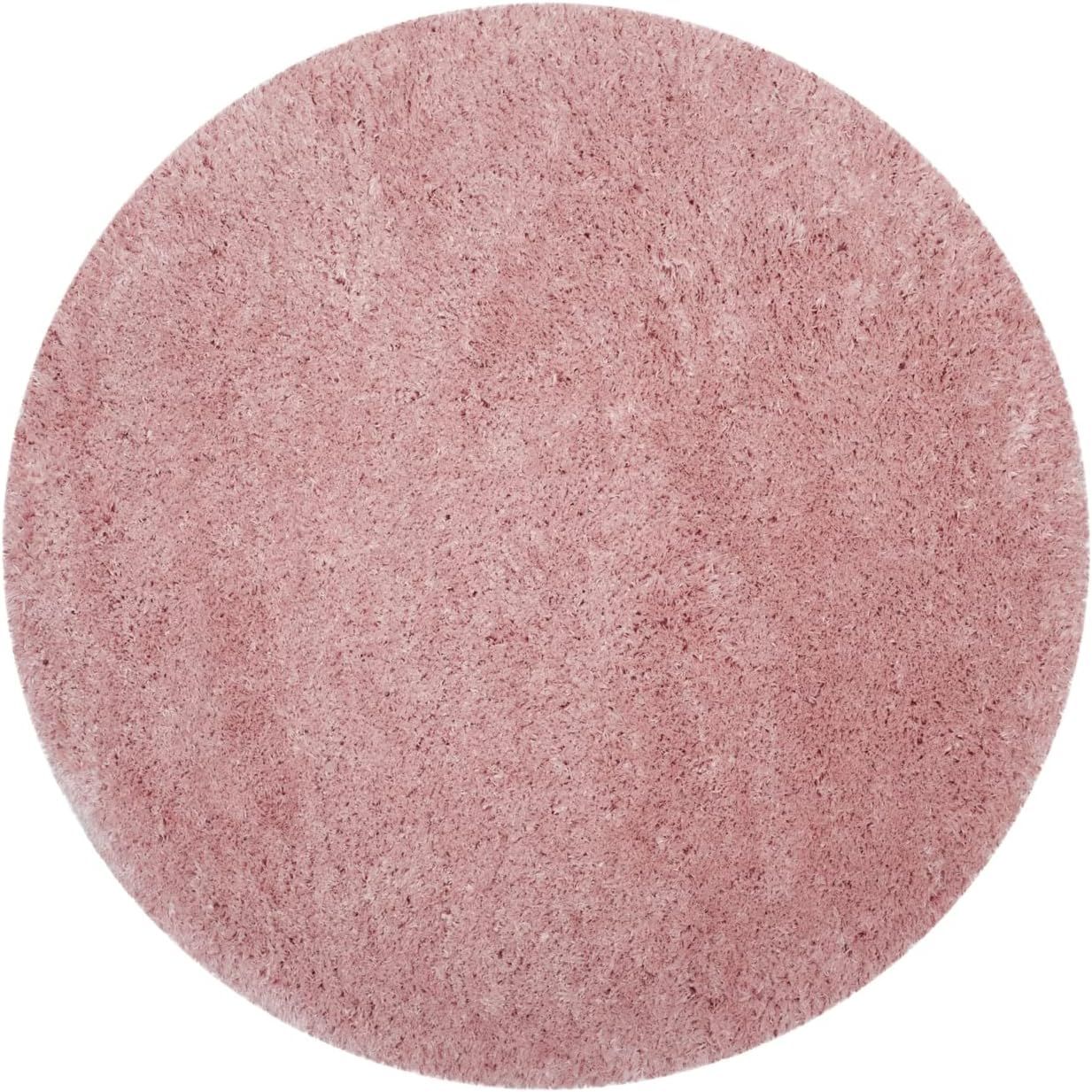 Round Light Pink Shag Synthetic Easy Care Area Rug