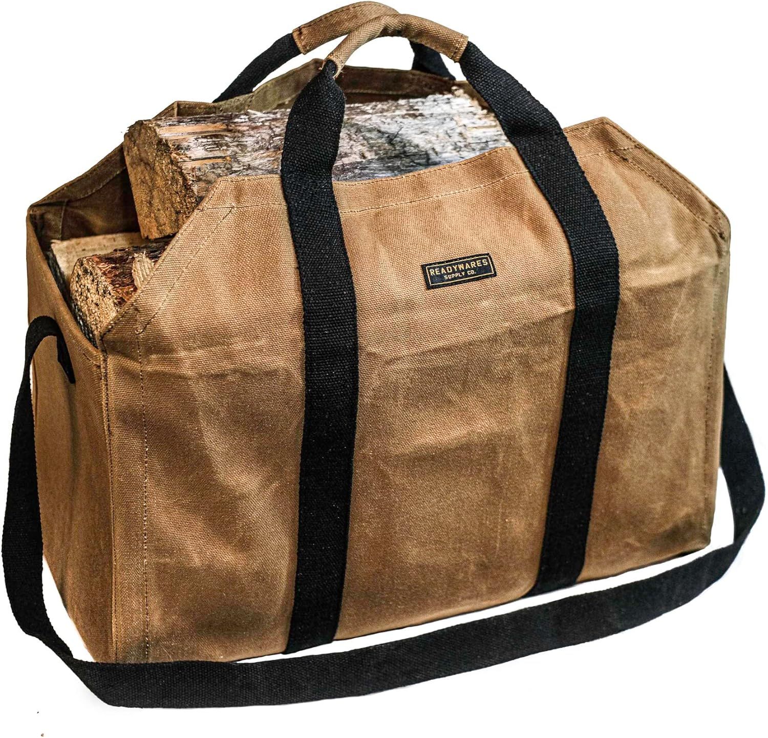 Extra Large Tan Waxed Canvas Firewood Carrier with Metal Handles