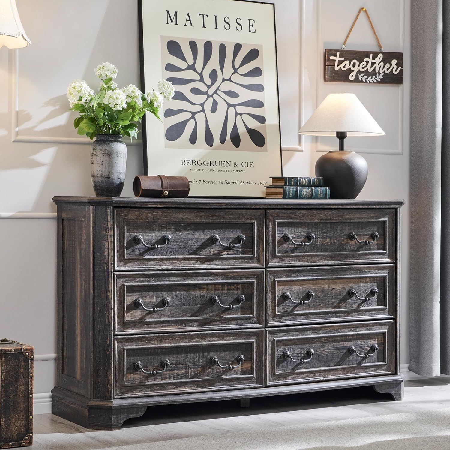 Dark Rustic Oak 54" Farmhouse 6-Drawer Wood Dresser