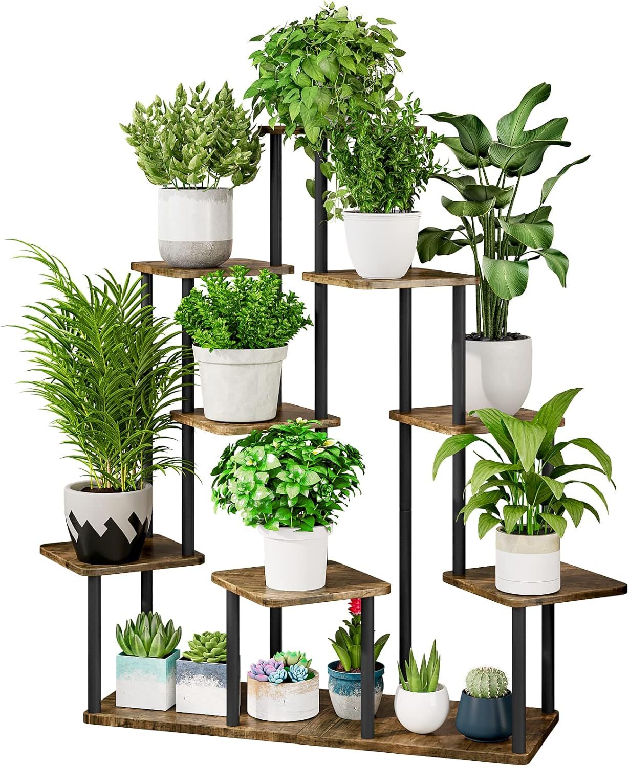 9-Tier Black and Rustic Brown Metal Plant Stand