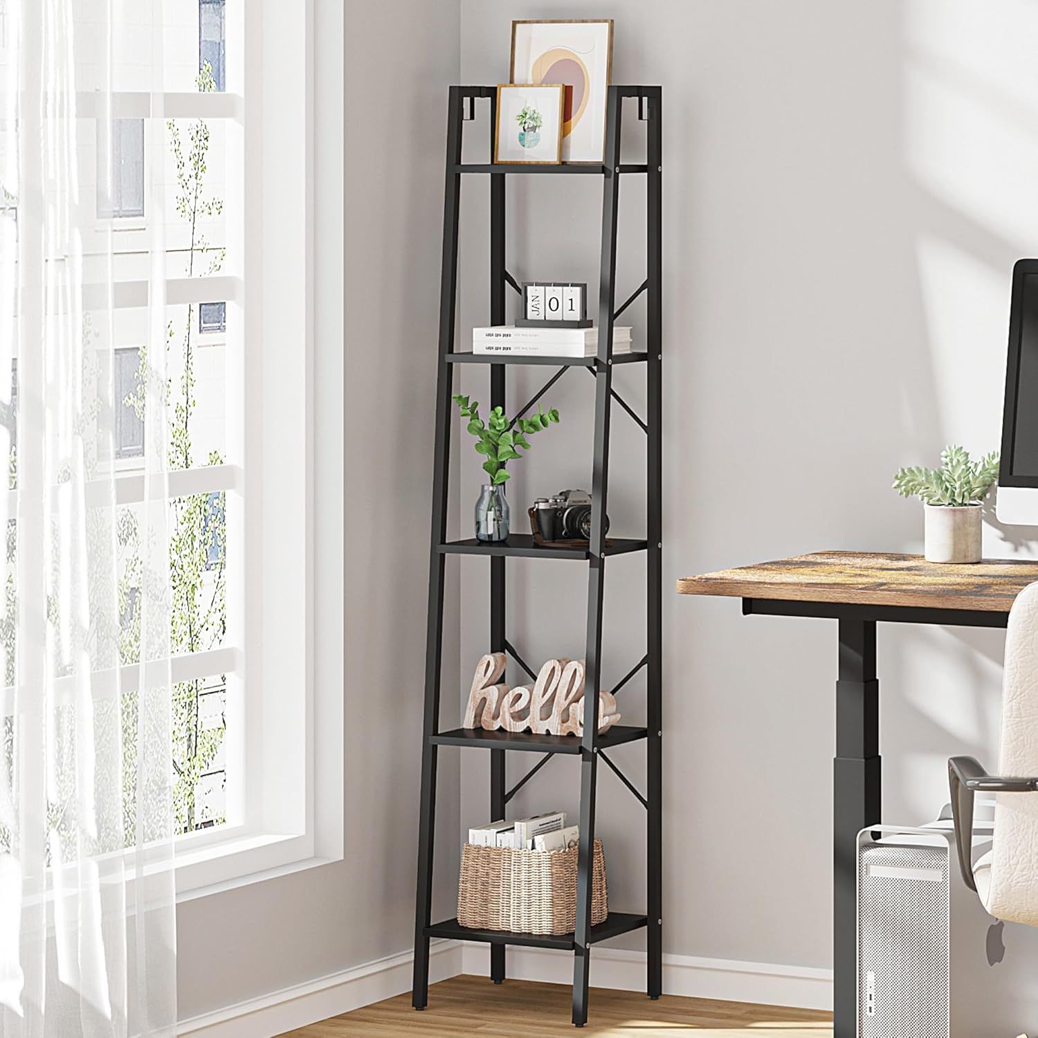 Black Industrial 5-Tier Ladder Corner Bookshelf with Hooks