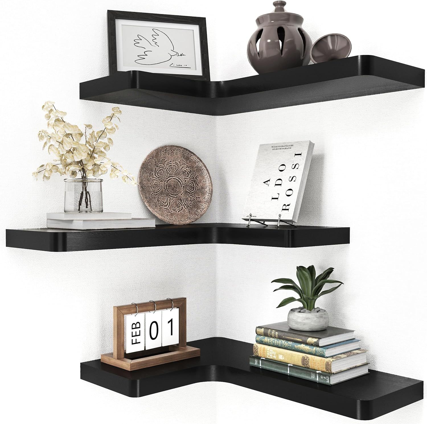 Black Wood 3-Tier Corner Floating Wall Shelves