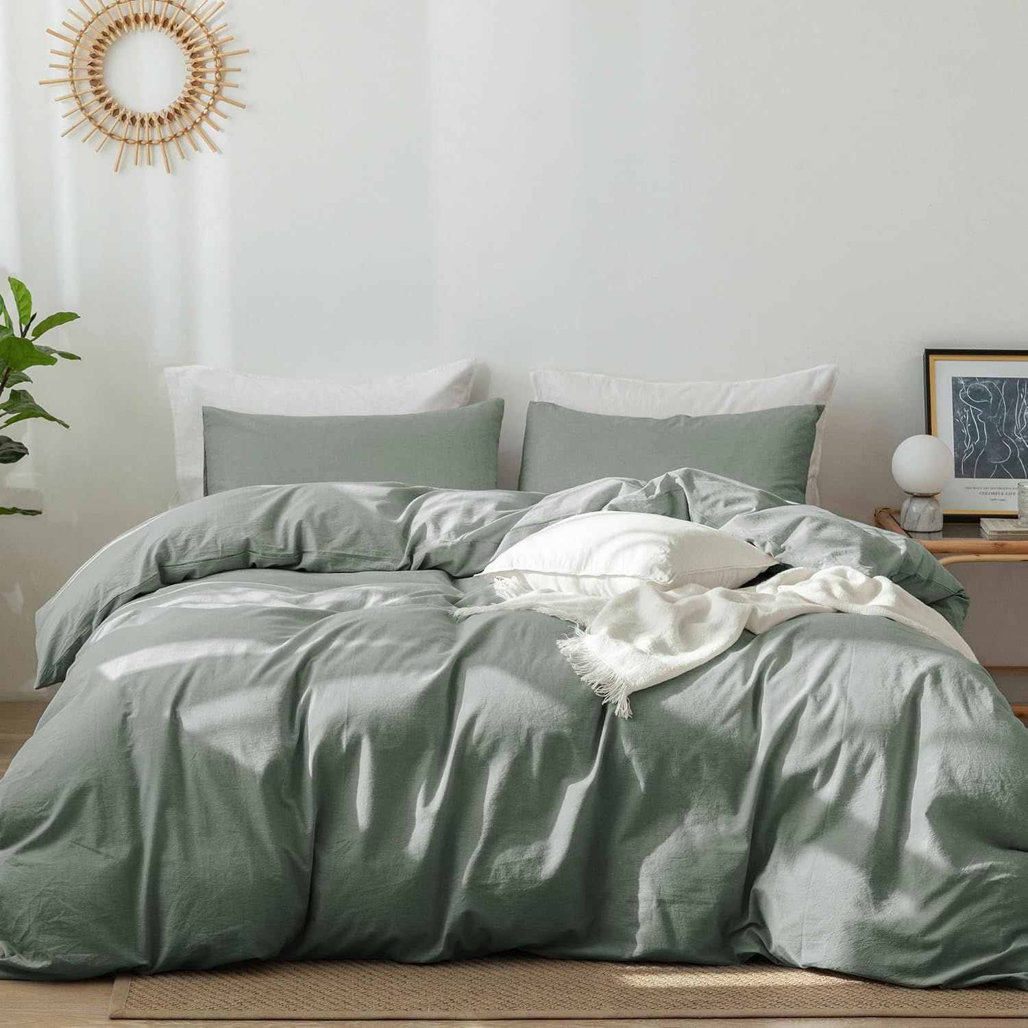 Sage Green King Linen-Like Cotton Duvet Cover Set