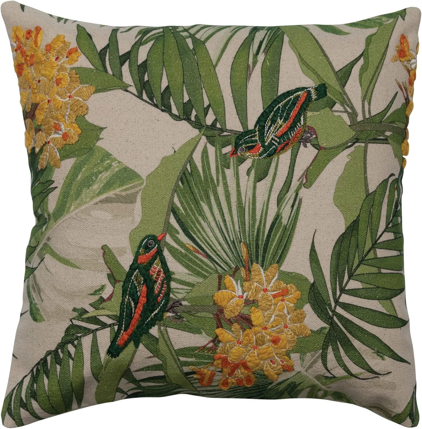 Multicolor Cotton Embroidered Bird and Floral Euro Pillow Cover