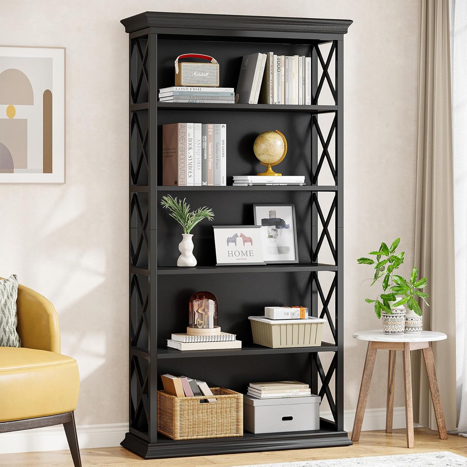 Tribesigns 71" Black 6-Tier Industrial Bookshelf with X Accents