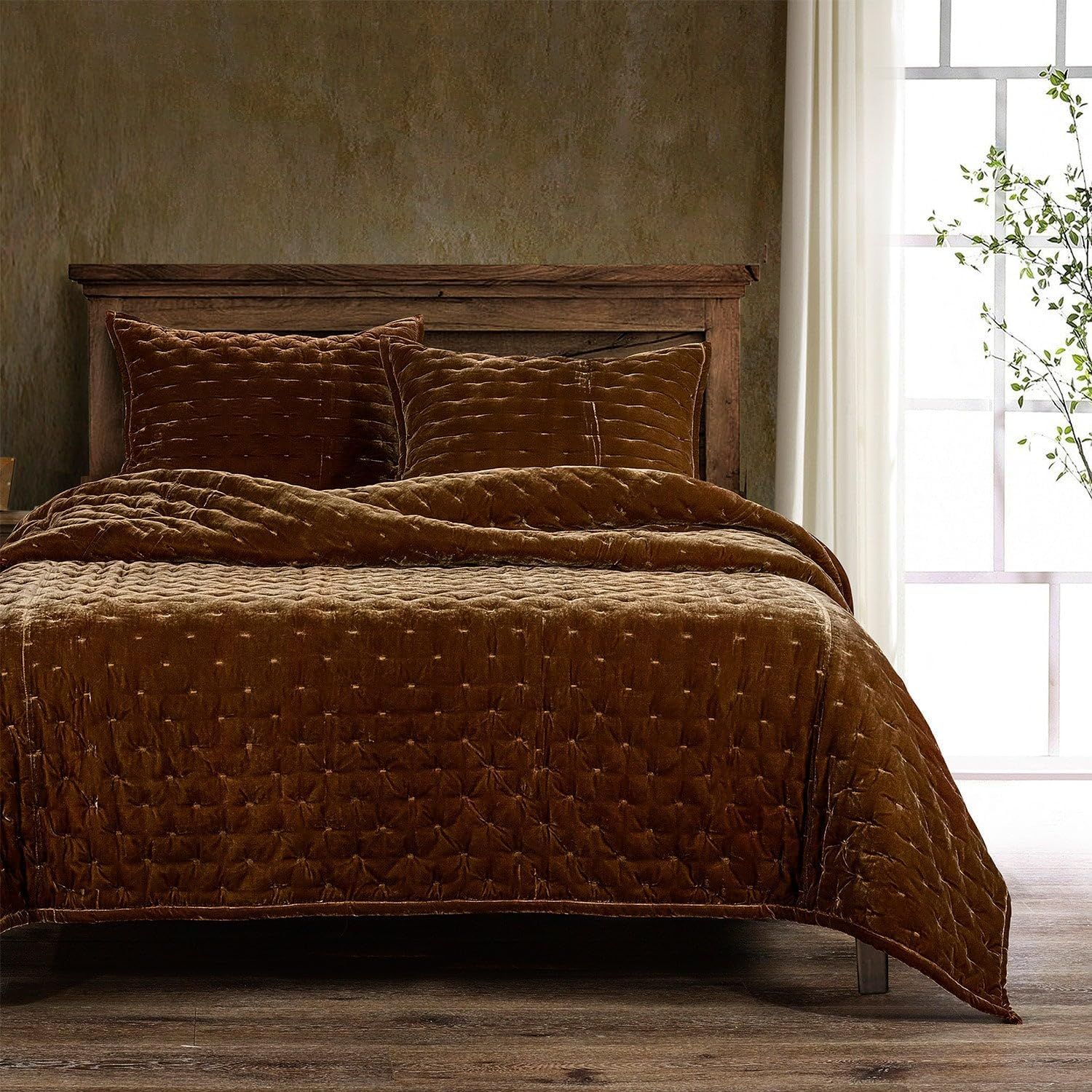 Copper Brown Faux Silk Velvet Queen Quilt Set