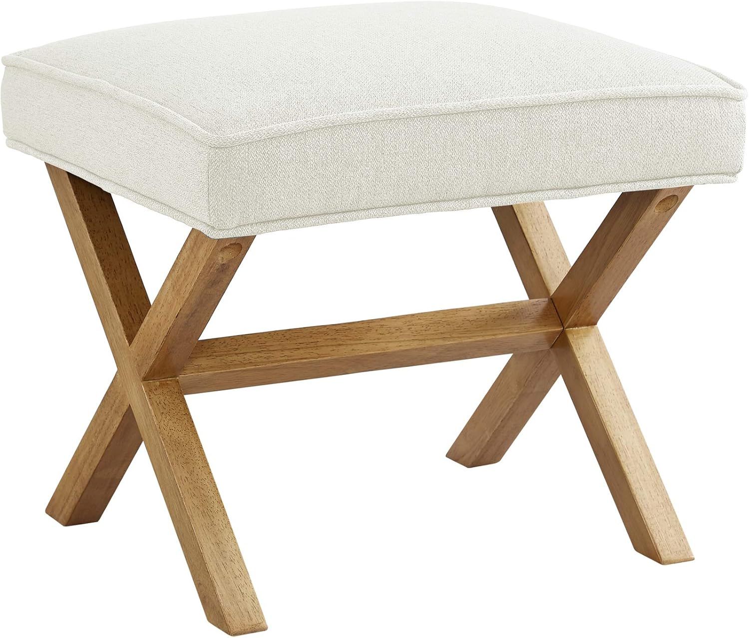 Ivory 20" Mid-Century Modern Wood Ottoman Stool