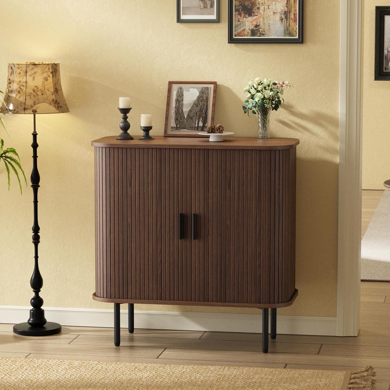 Walnut Fluted Accent Sideboard Cabinet with Black Metal Legs