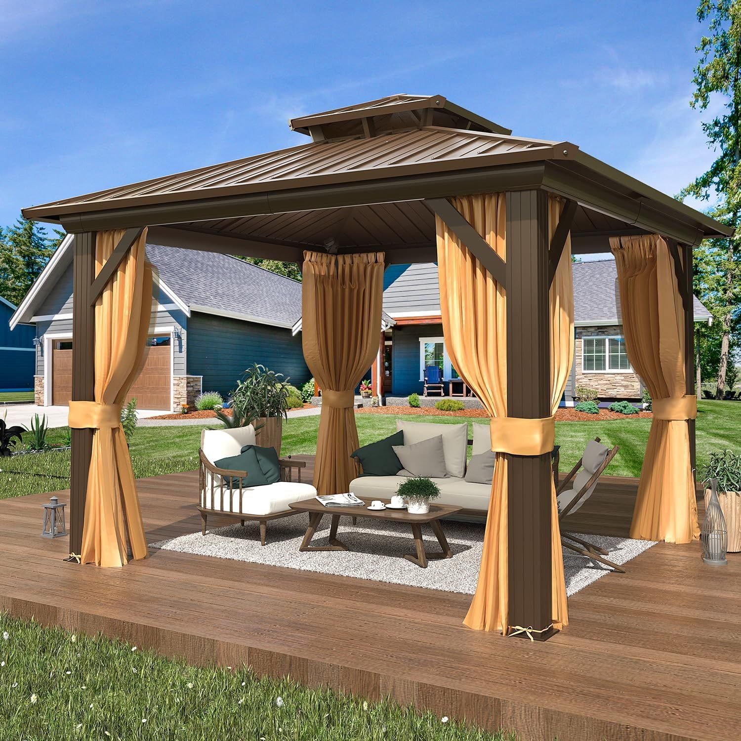 10' x 10' Brown Steel and Aluminum Outdoor Gazebo with Curtains