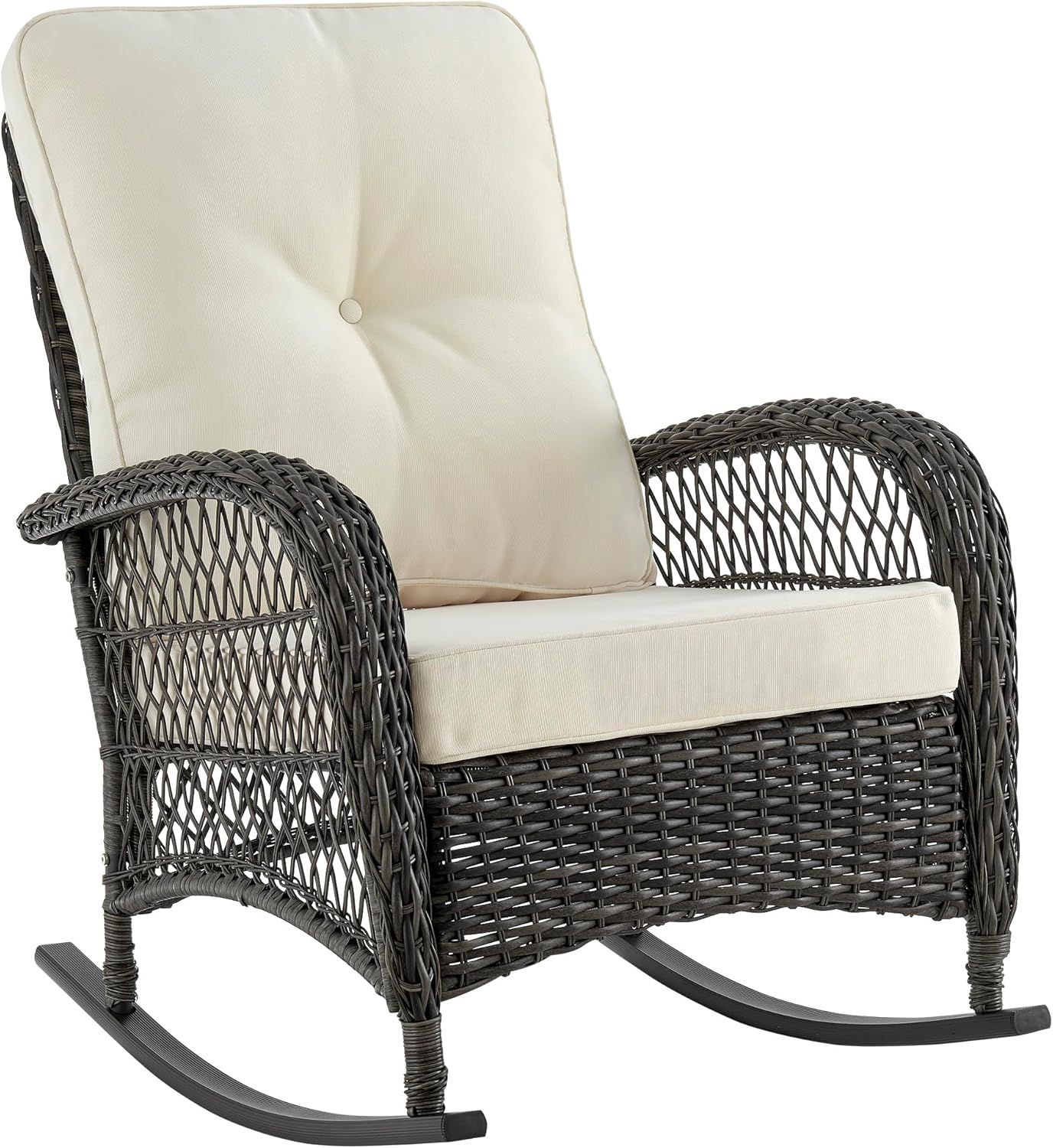 Cream Cushioned Steel Rattan Outdoor Rocking Chair