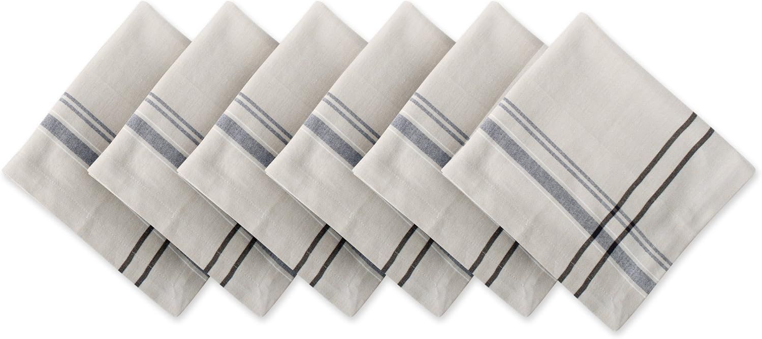 Taupe and Black Cotton Striped Napkin Set, 20x20, 6 Piece