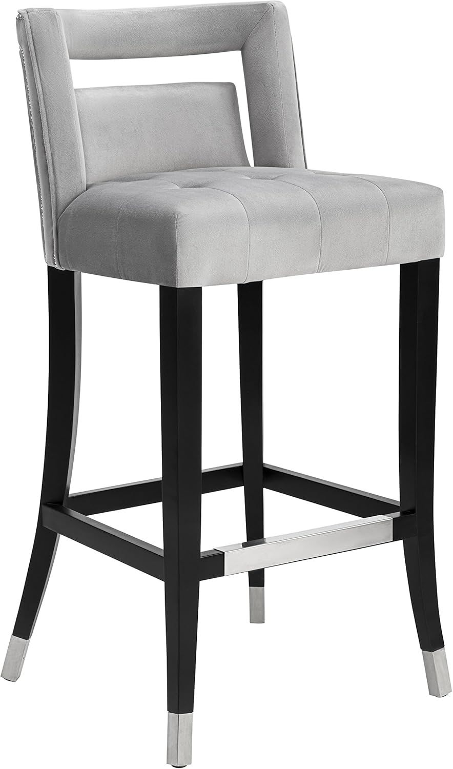 Sumptuous Grey Velvet Bar Stool with Metal Tipped Legs and Nailheads