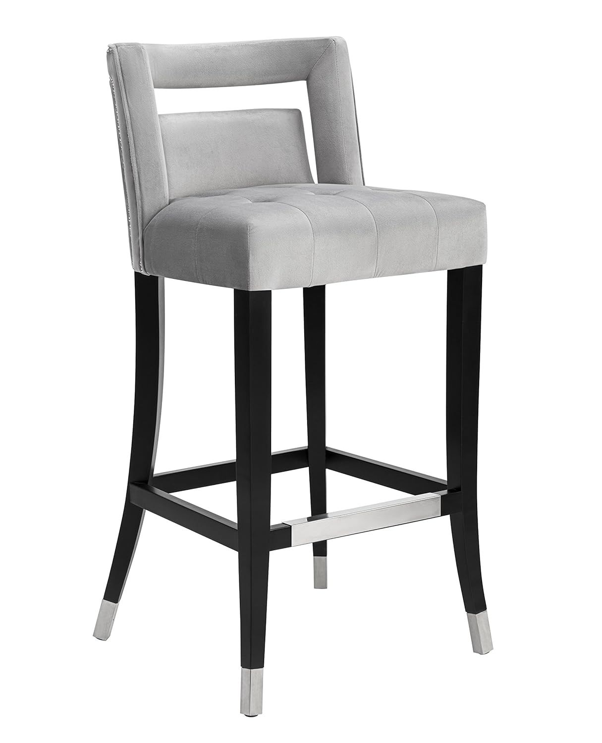 Sumptuous Grey Velvet Bar Stool with Metal Tipped Legs and Nailheads