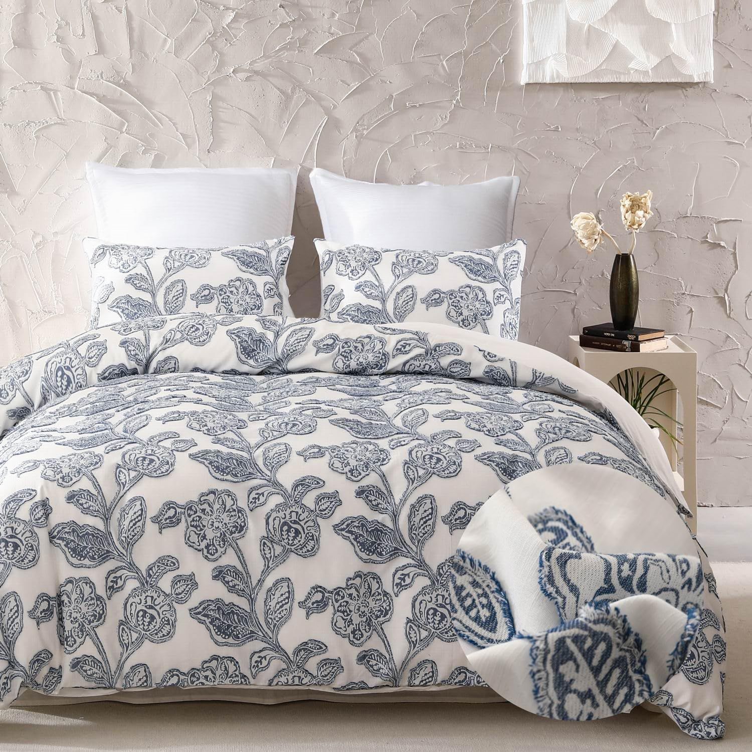 Queen Blue Cotton Jacquard Floral Duvet Cover Set