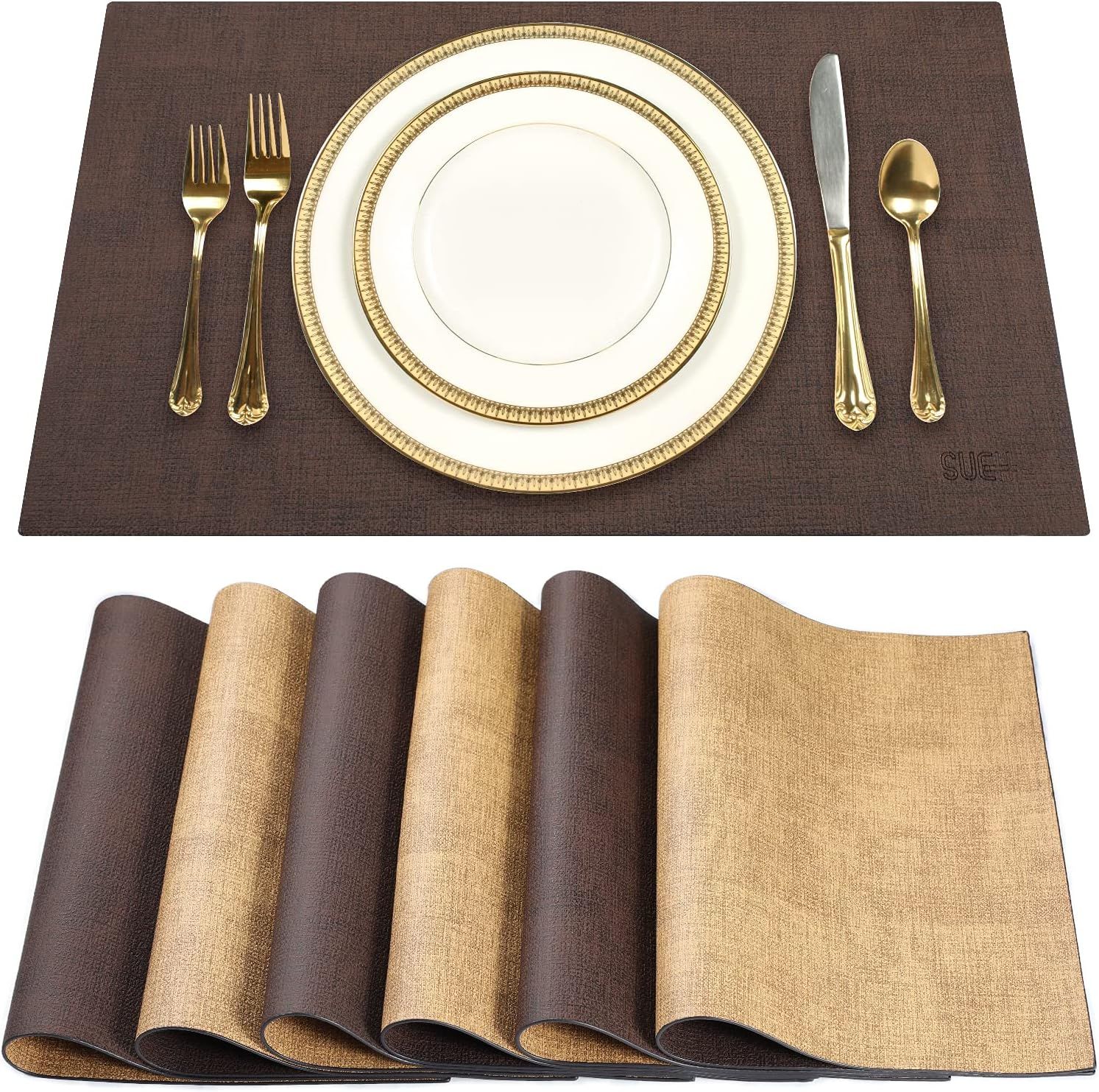 Reversible Brown and Beige PU Leather Placemats Set of 6