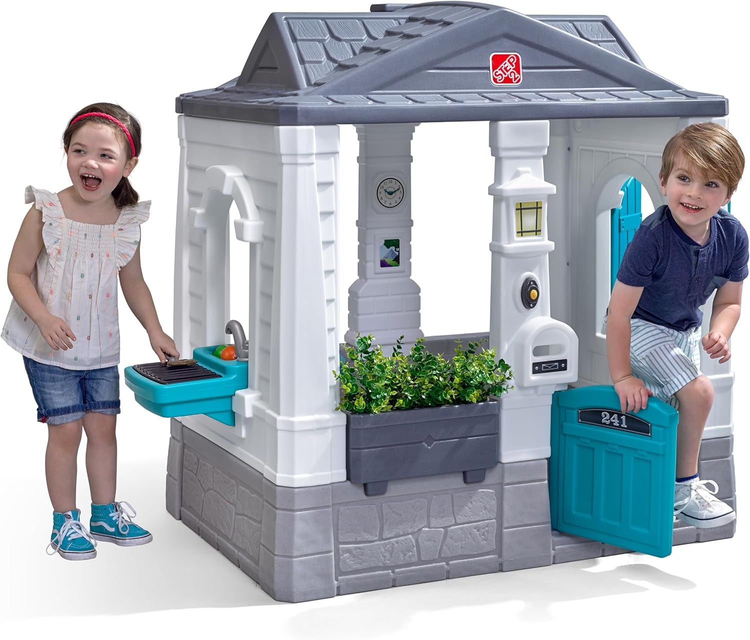 Neat & Tidy Cottage Gray Plastic Kids Playhouse with Windows