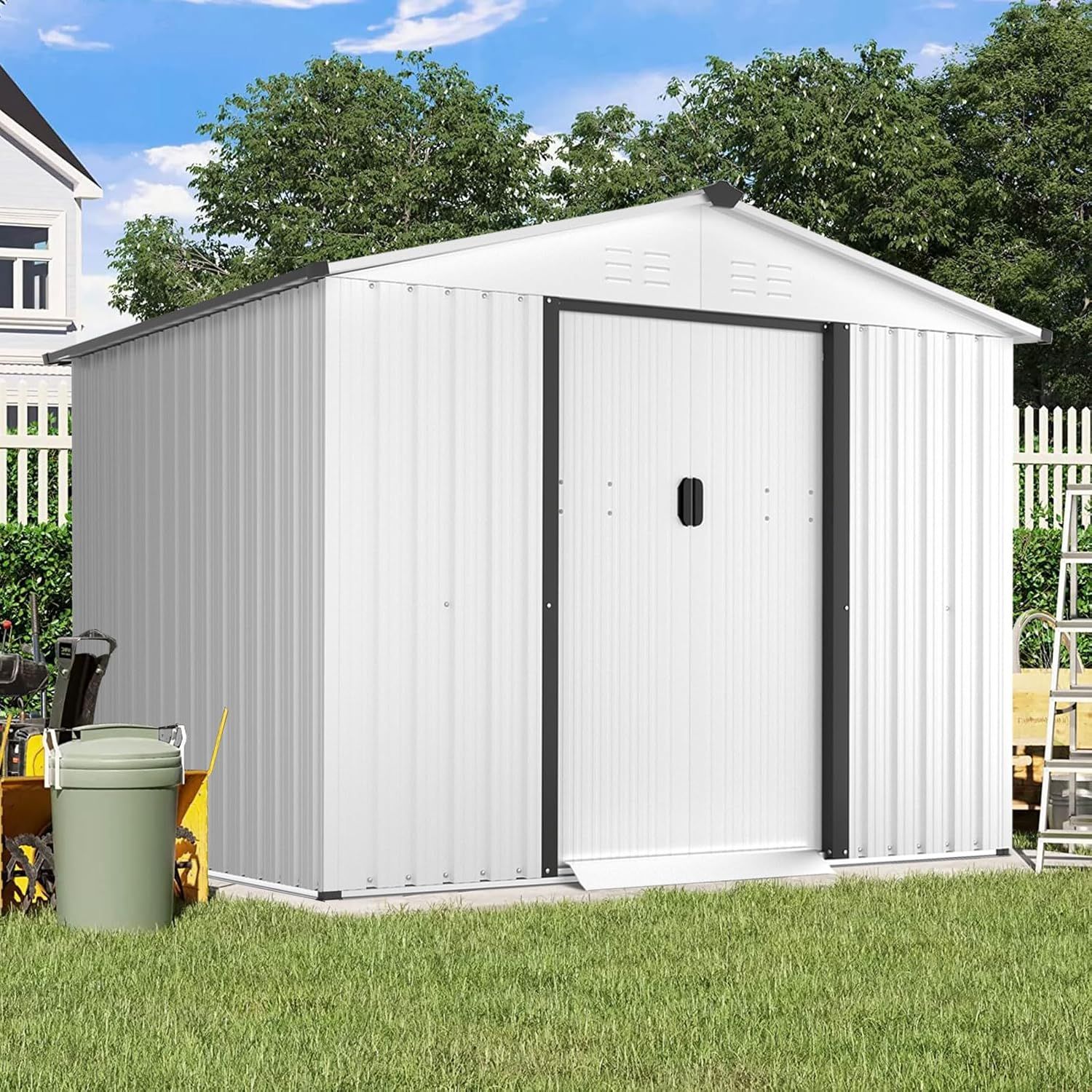 White 6' x 8' Outdoor Metal Storage Shed with Sliding Door