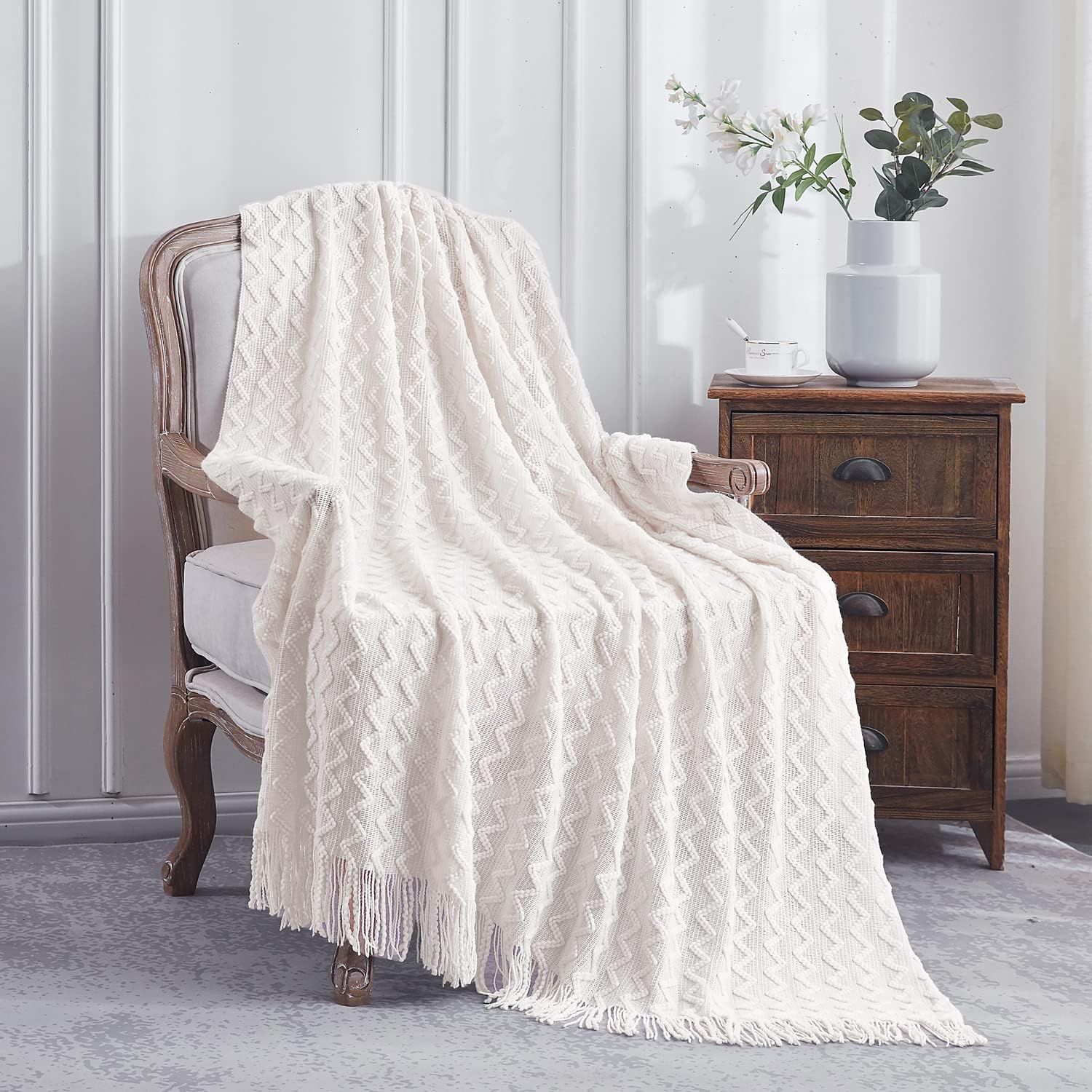 White Knitted Acrylic Throw Blanket with Fringe, 50" x 60"