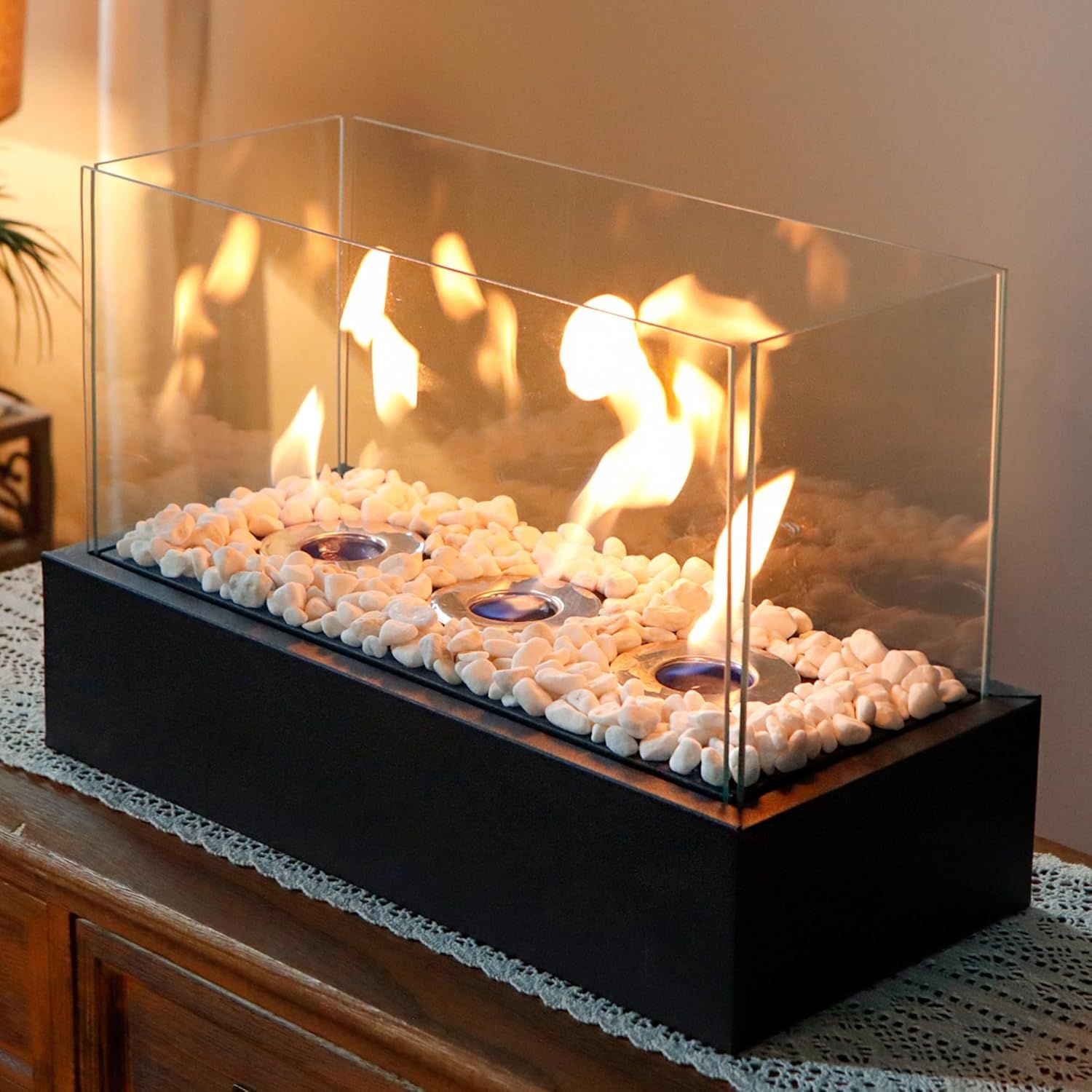 Black Stainless Steel and Glass Tabletop Fire Pit