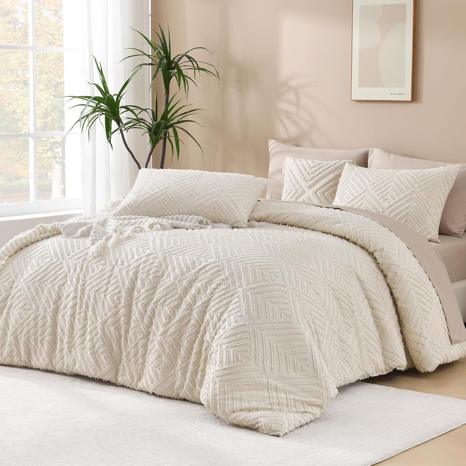 Beige Full Size Chevron Tufted Microfiber Comforter Set