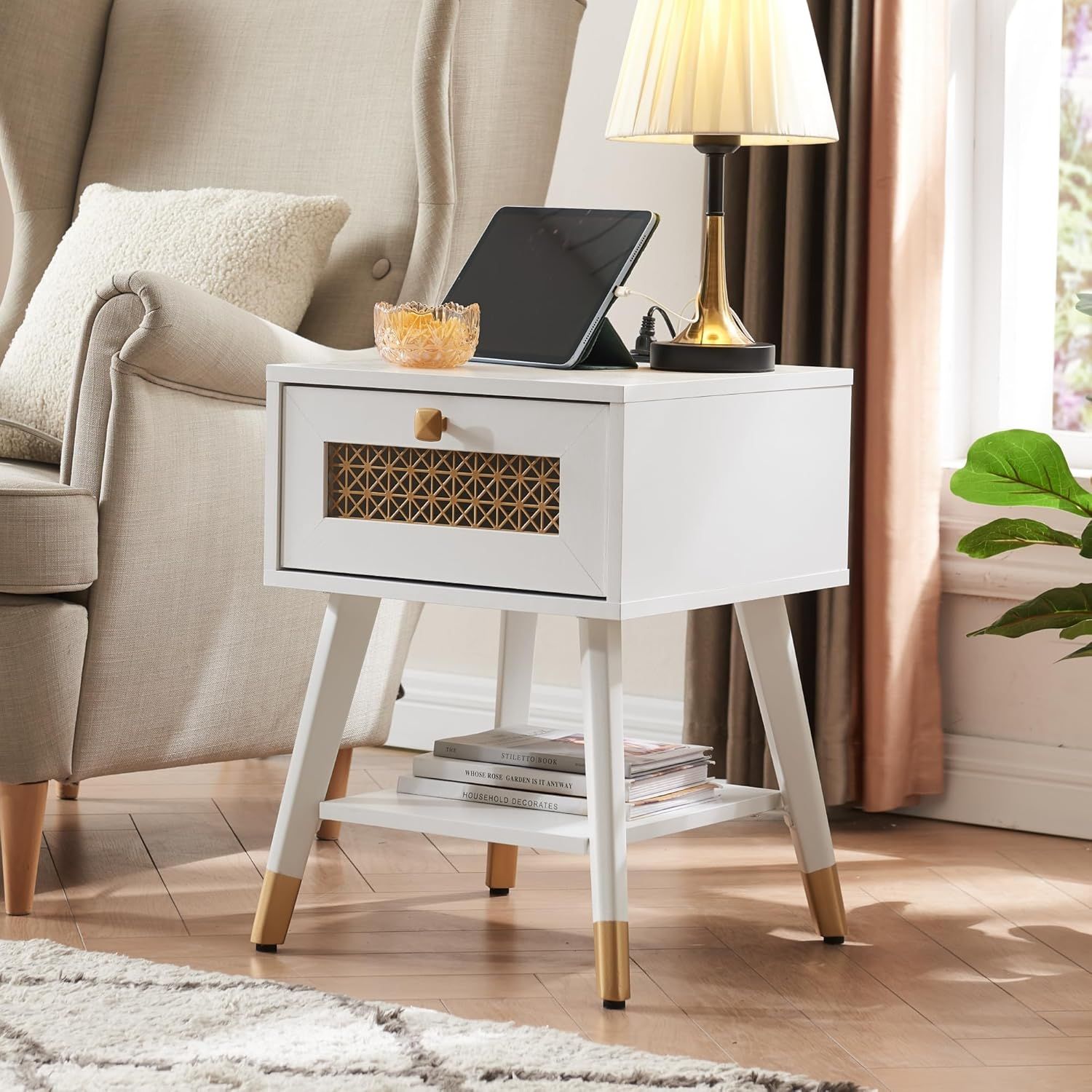 White Wood Mid Century Modern End Table with Storage Drawer and Charging Ports