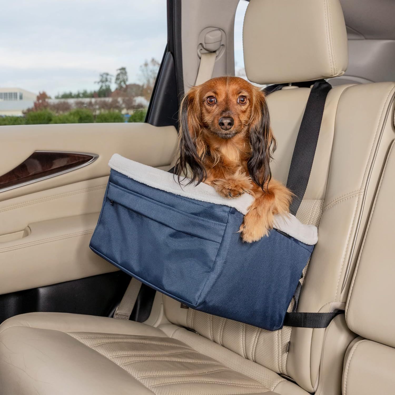 Navy Adjustable Dog Car Booster Seat with Fleece Liner