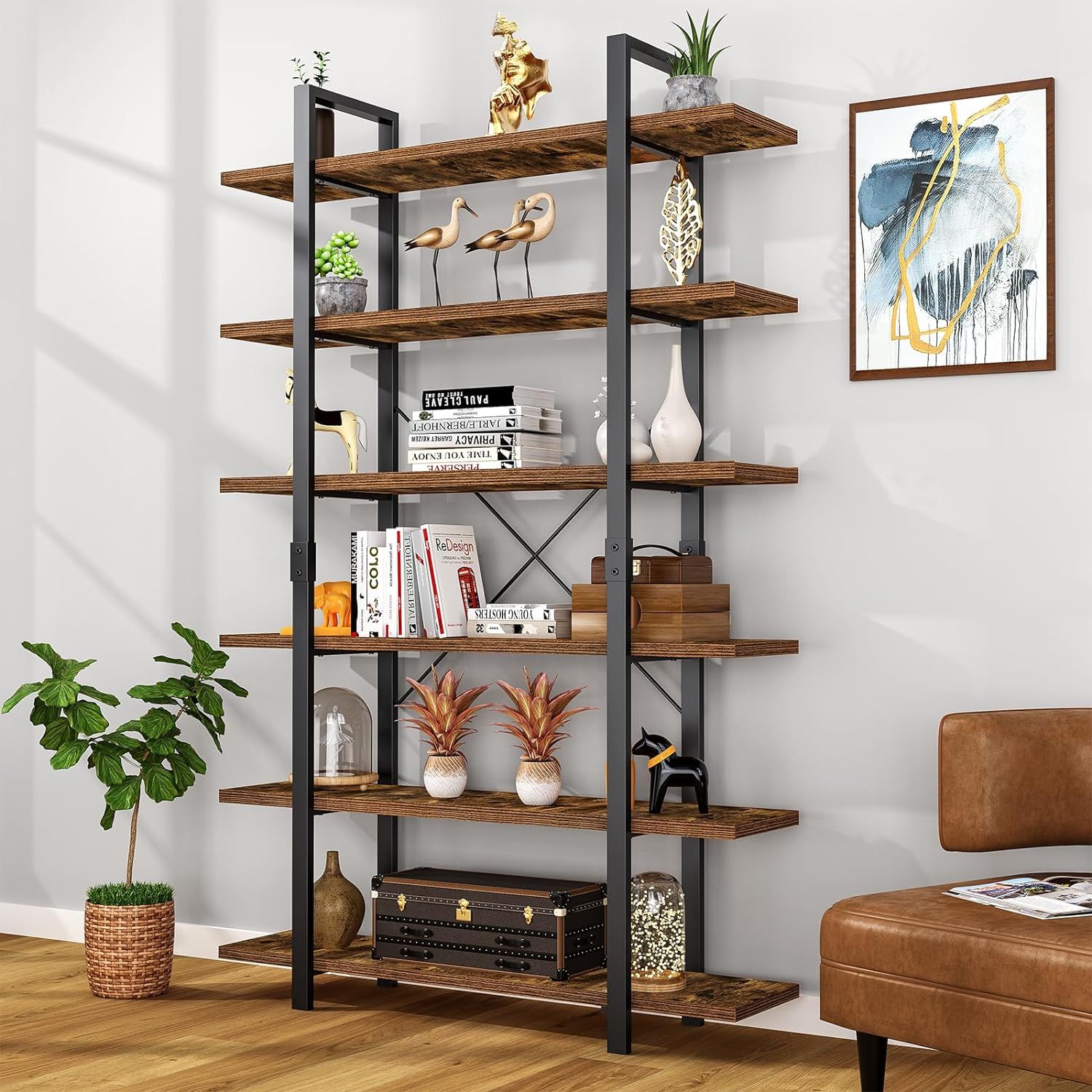 Rustic Brown 82.6" Tall Industrial Wood and Metal Bookshelf