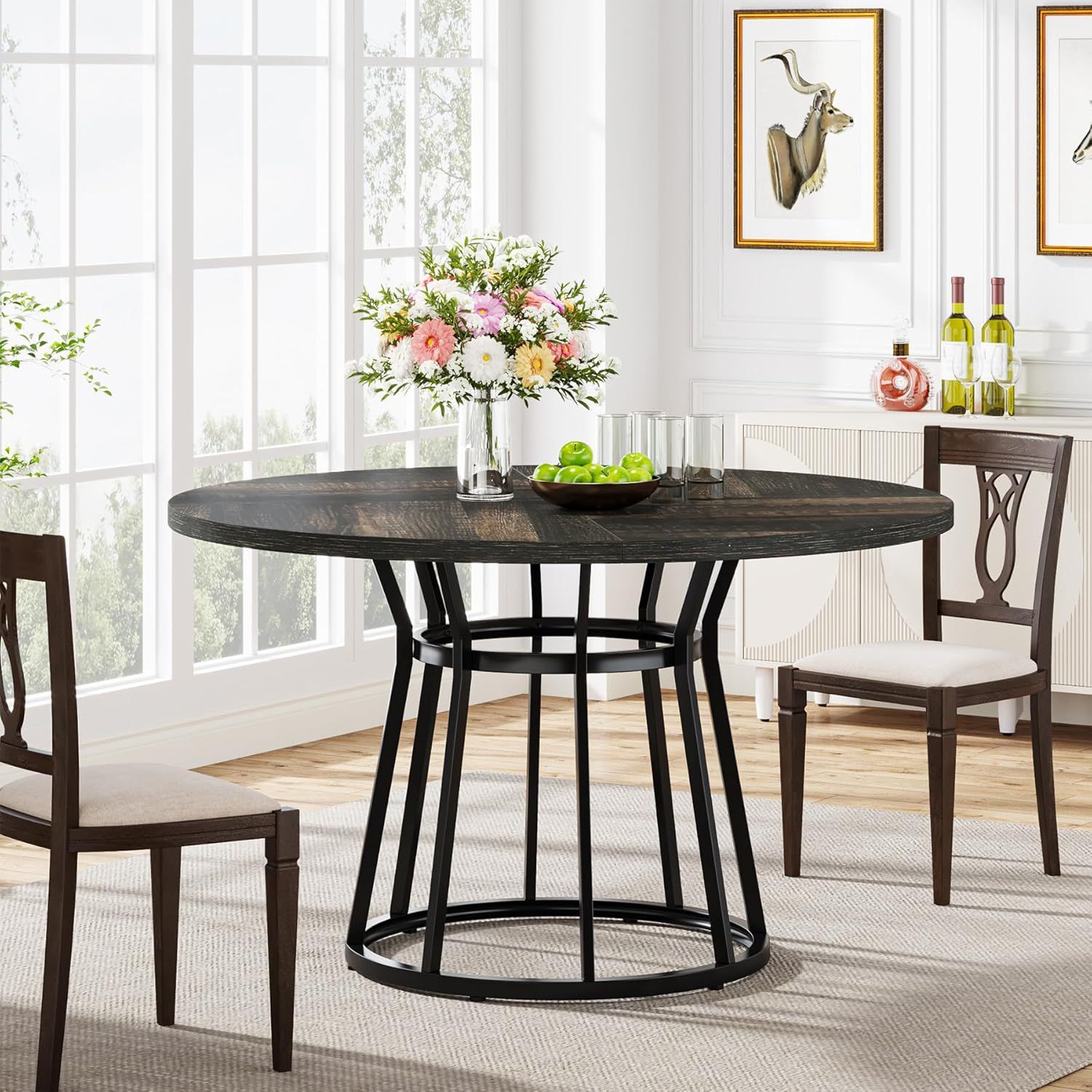 47-Inch Round Brown Wood Dining Table with Black Metal Base