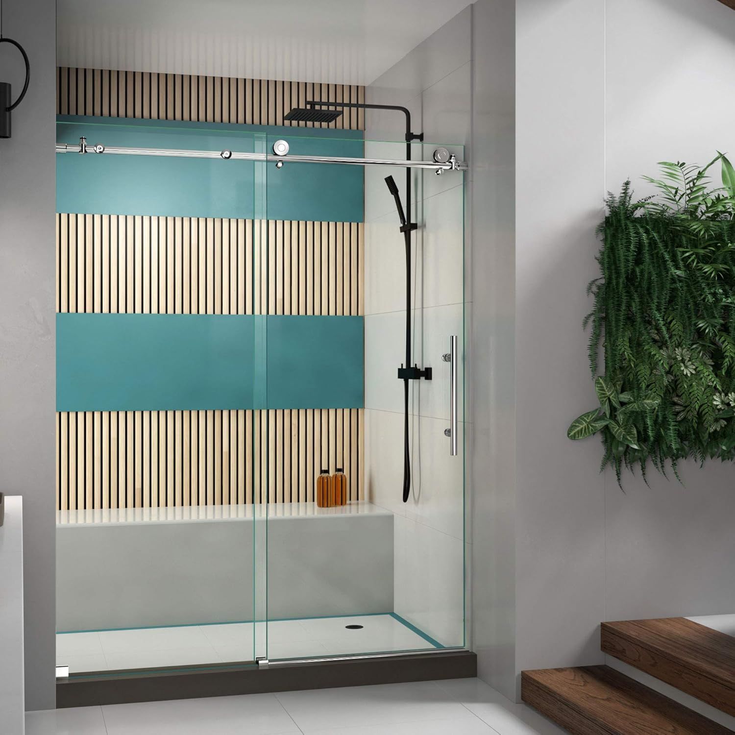 Enigma-X Frameless Sliding Shower Door with Polished Stainless Steel