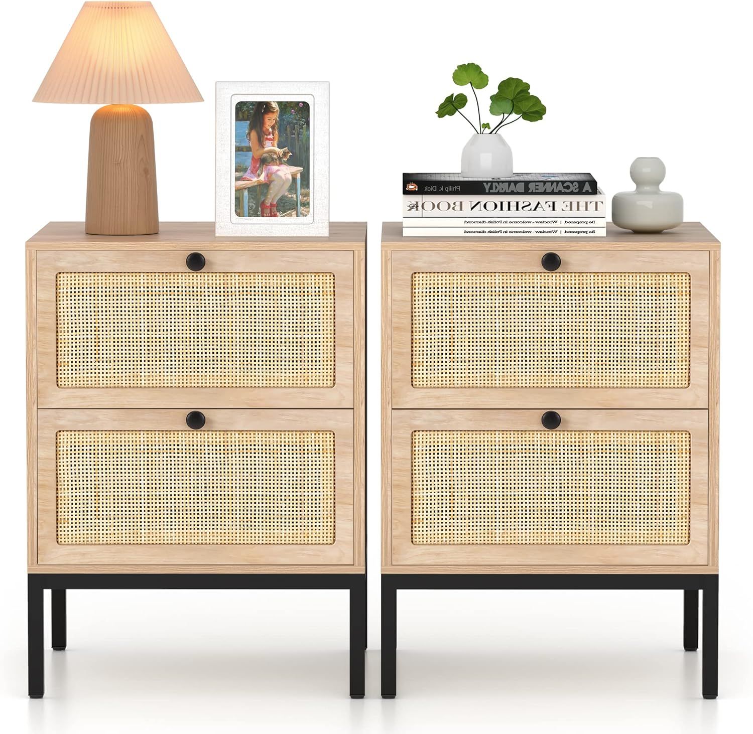 Natural Rattan and MDF 2-Drawer Nightstands with Metal Legs