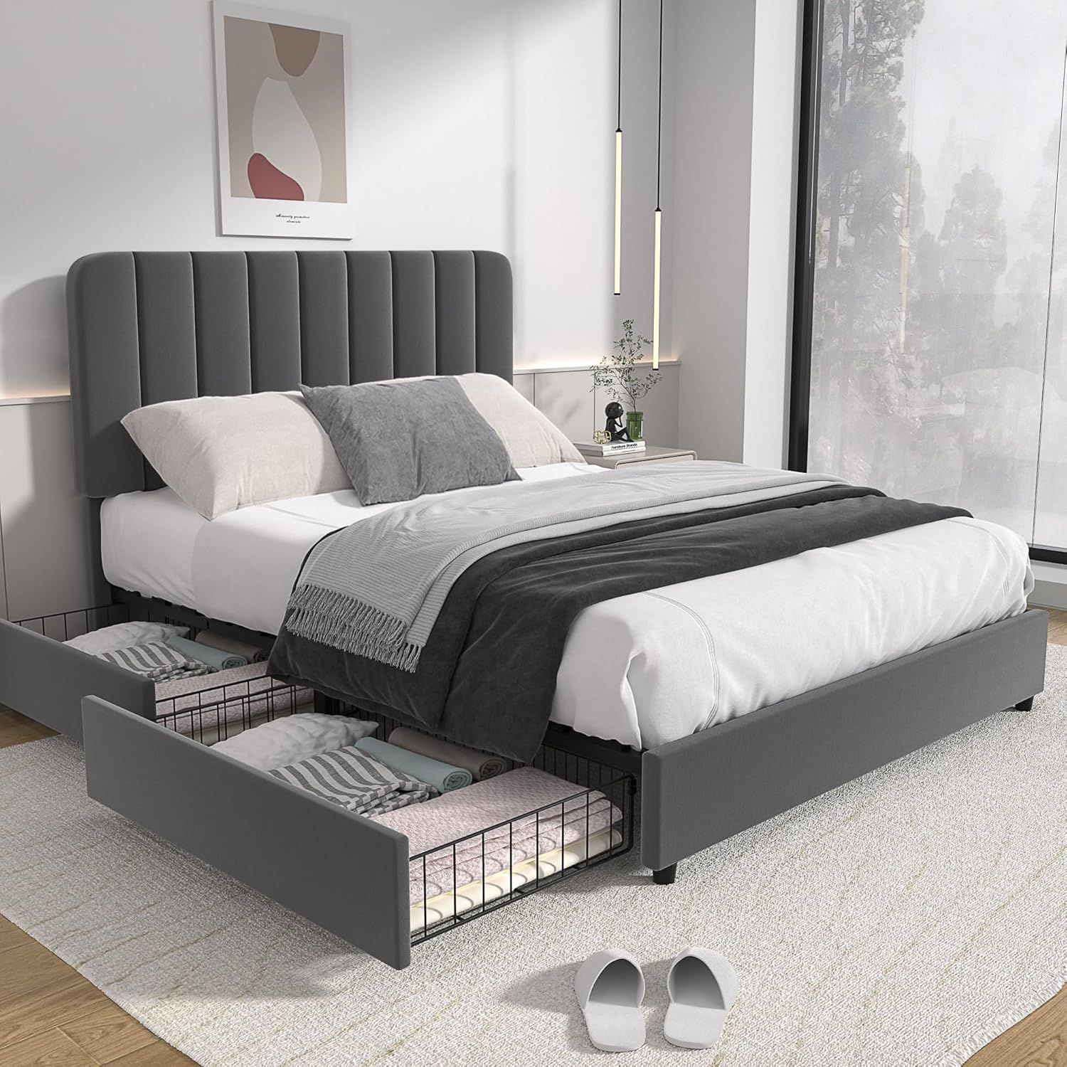 Queen Size Gray Velvet Upholstered Bed Frame with Storage Drawers