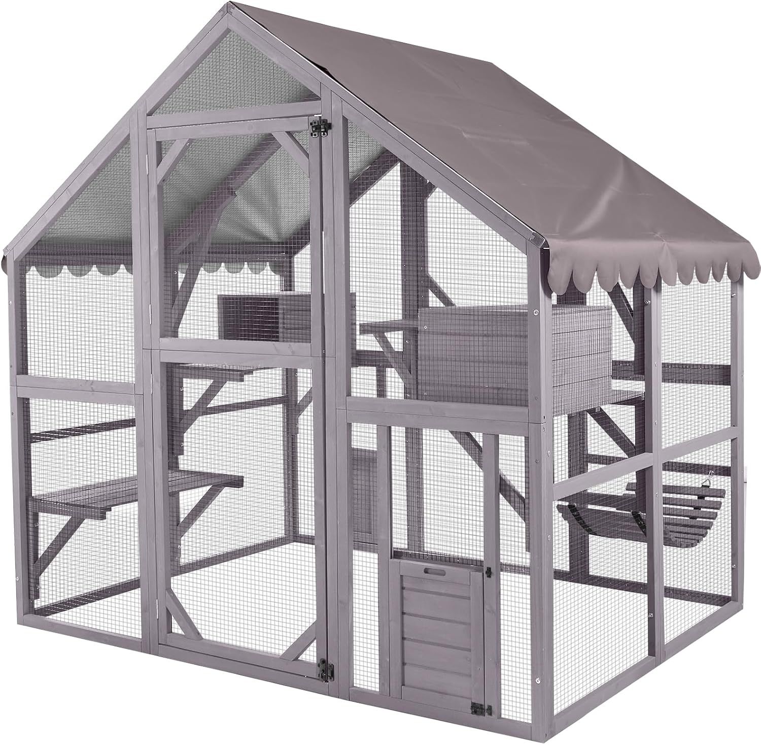 Large Gray Wooden Outdoor Cat House with Wire Mesh