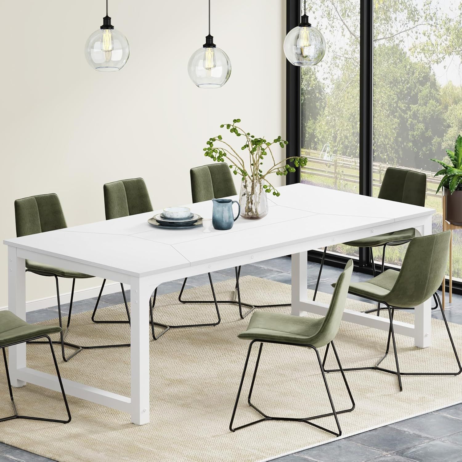 White Rectangular Reclaimed Wood Dining Table with Metal Legs