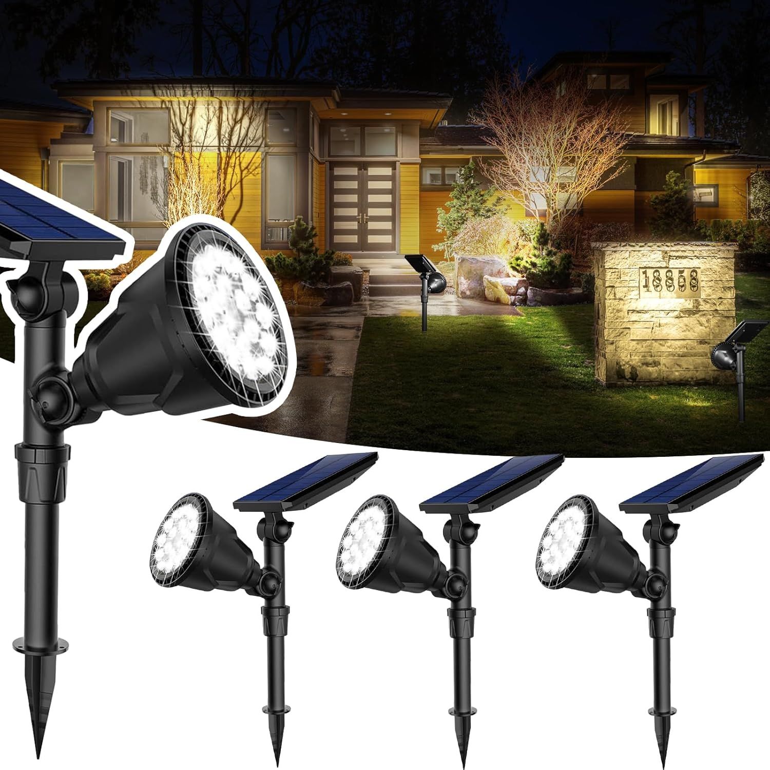 Cool White Solar LED Pathway Spotlights with Dusk to Dawn Sensor, 4-Pack