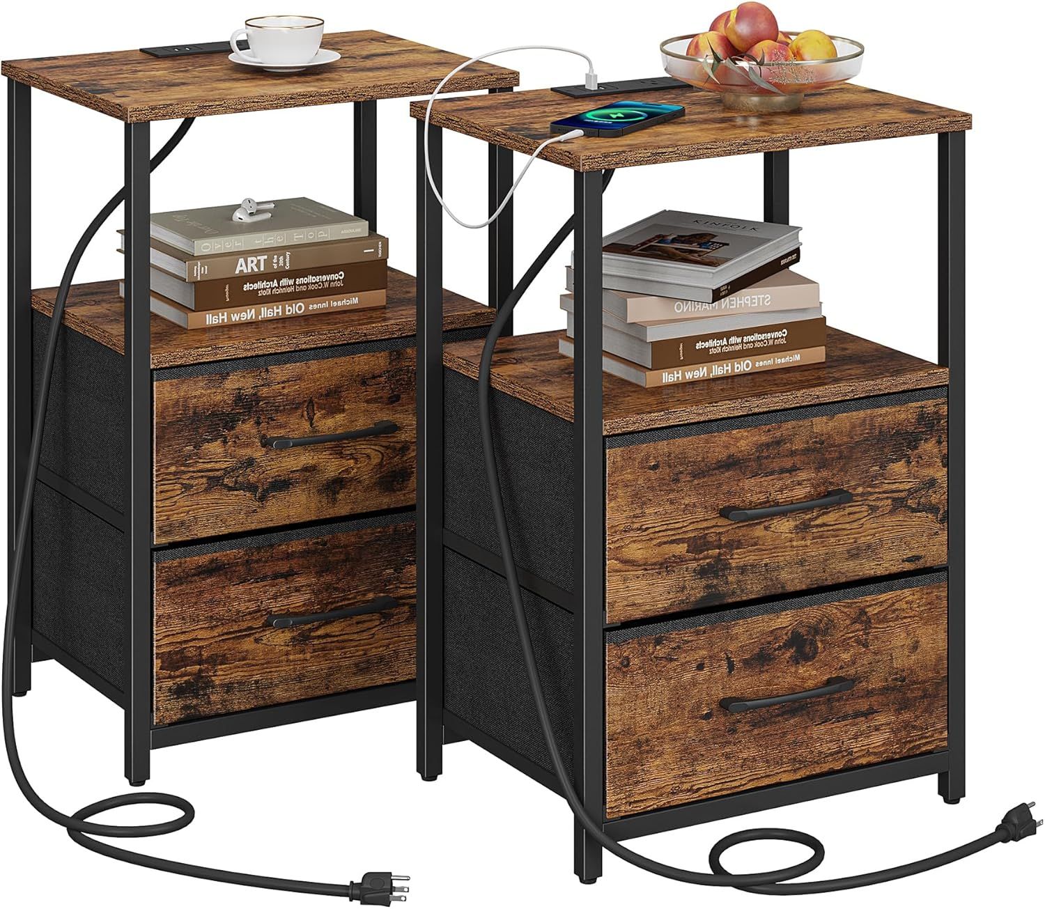 Rustic Brown Wood and Metal End Table with Storage and Charging Station