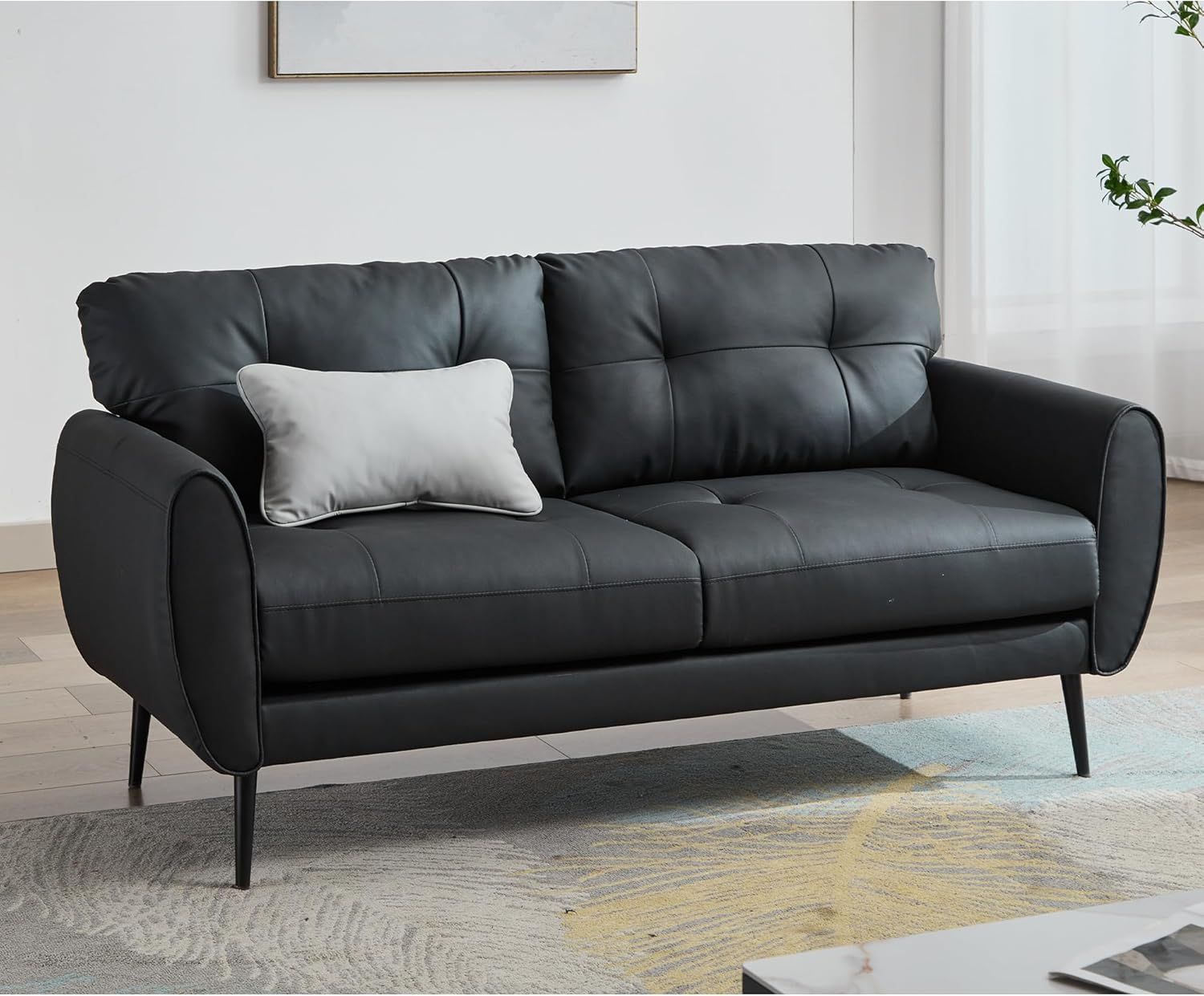 Black Faux Leather Tufted Loveseat with Solid Wood Frame