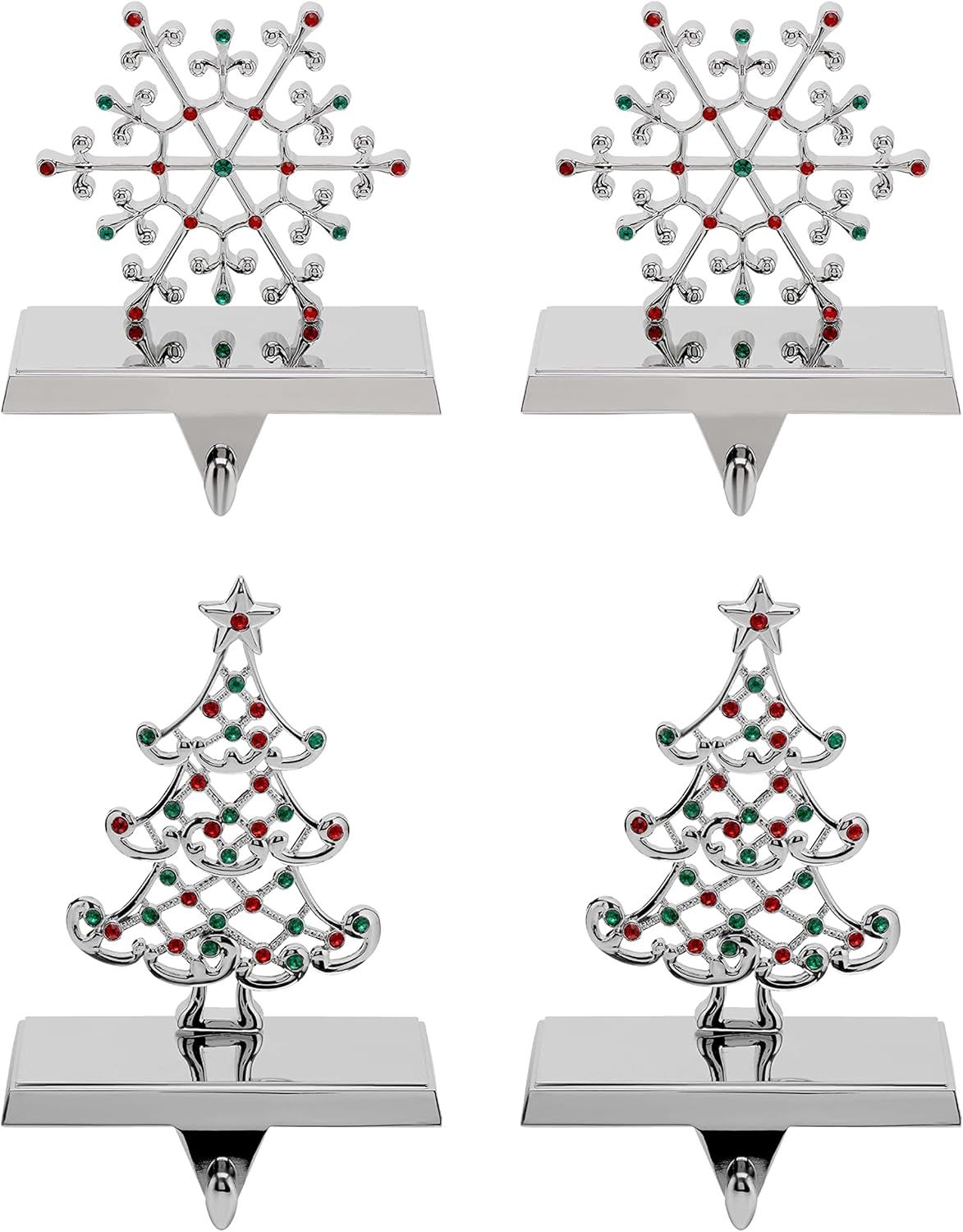 Nickel-Plated Snowflake and Christmas Tree Stocking Holders with Colored Stones