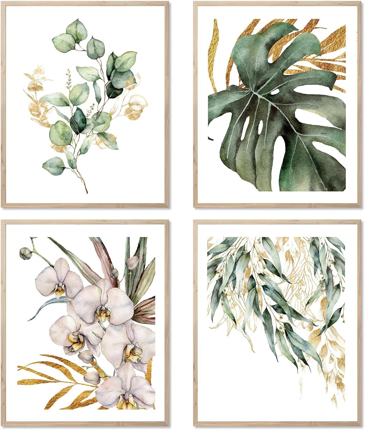 Botanical Gold and Green Watercolor Canvas Prints Set of 4