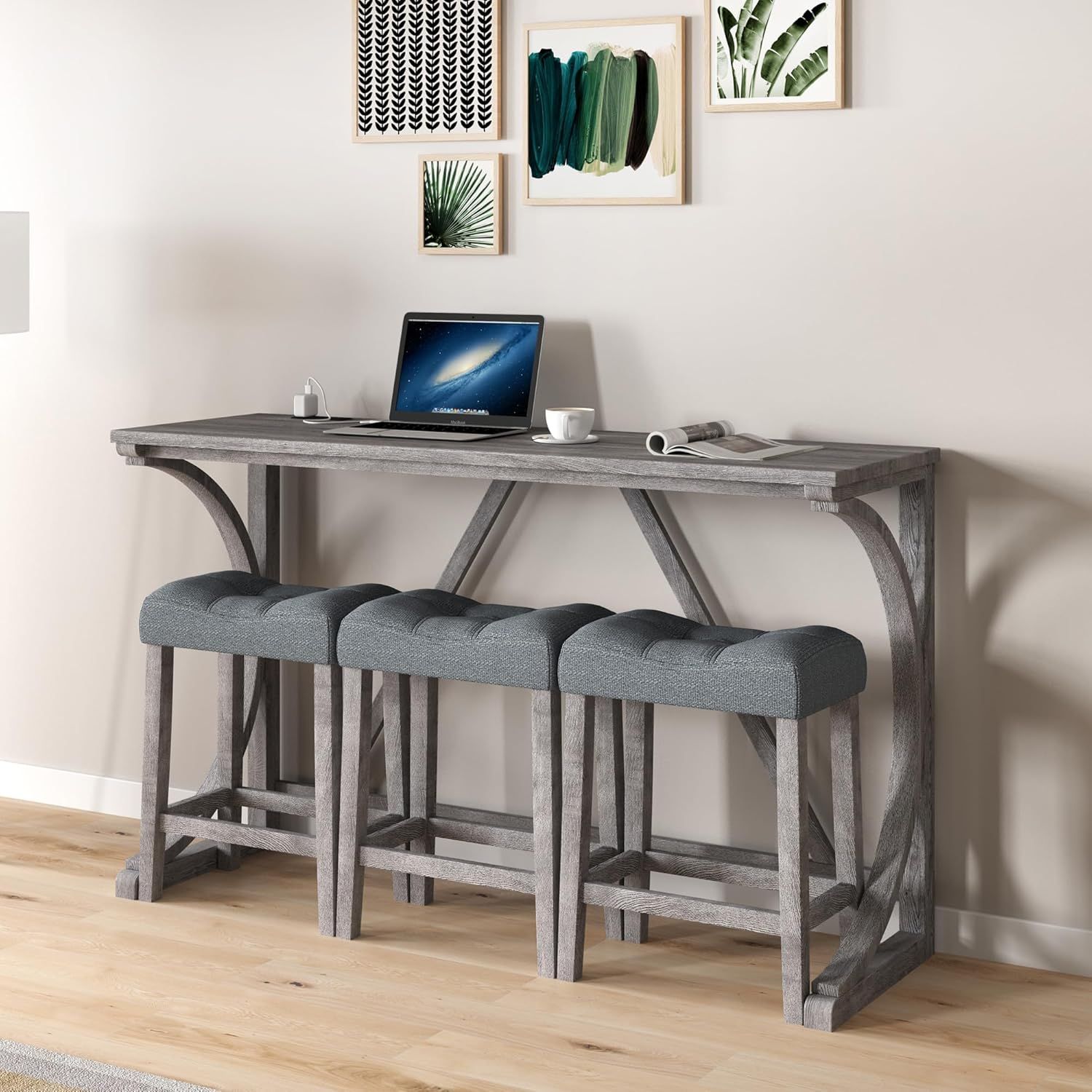 Gray Industrial 4-Piece Counter Height Bar Table Set with Padded Stools