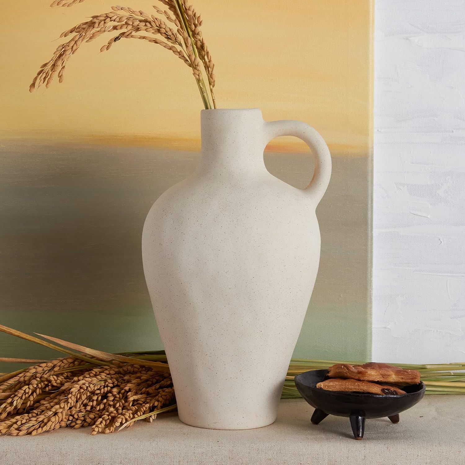 Off-White Ceramic Jug Vase with Handle, 10" Rustic Farmhouse Decor