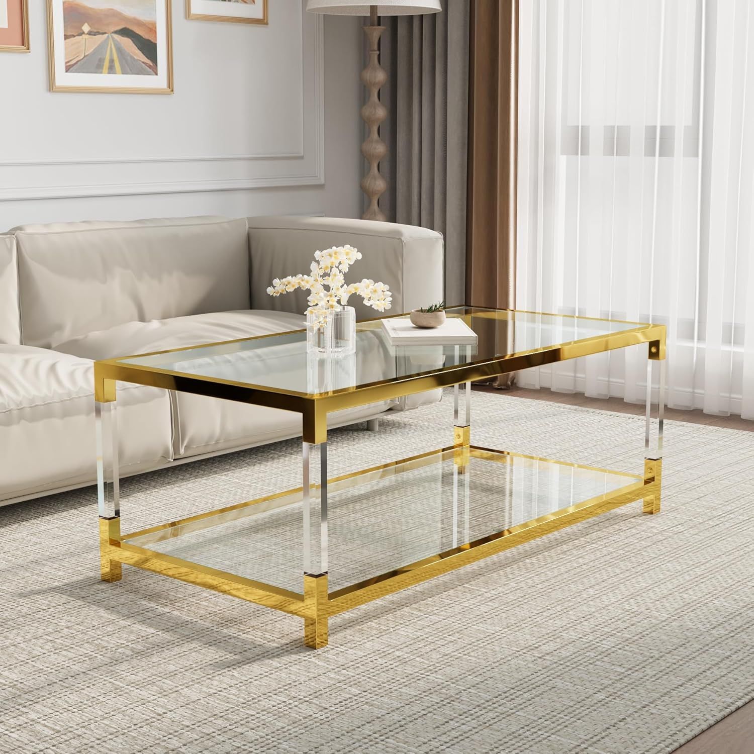 Modern Gold Glass Coffee Table with Acrylic Legs and Storage