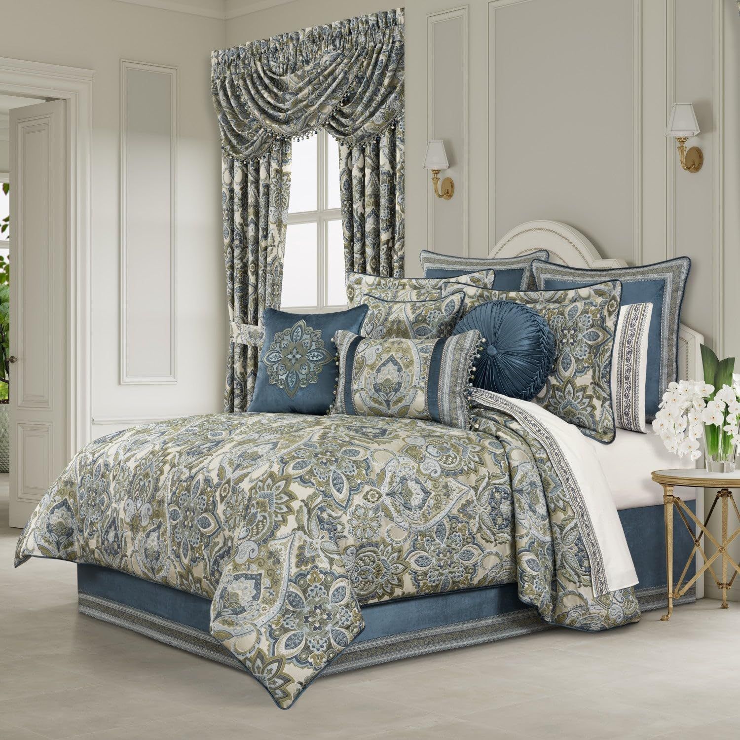 King Blue Velvet Chenille Medallion Comforter Set